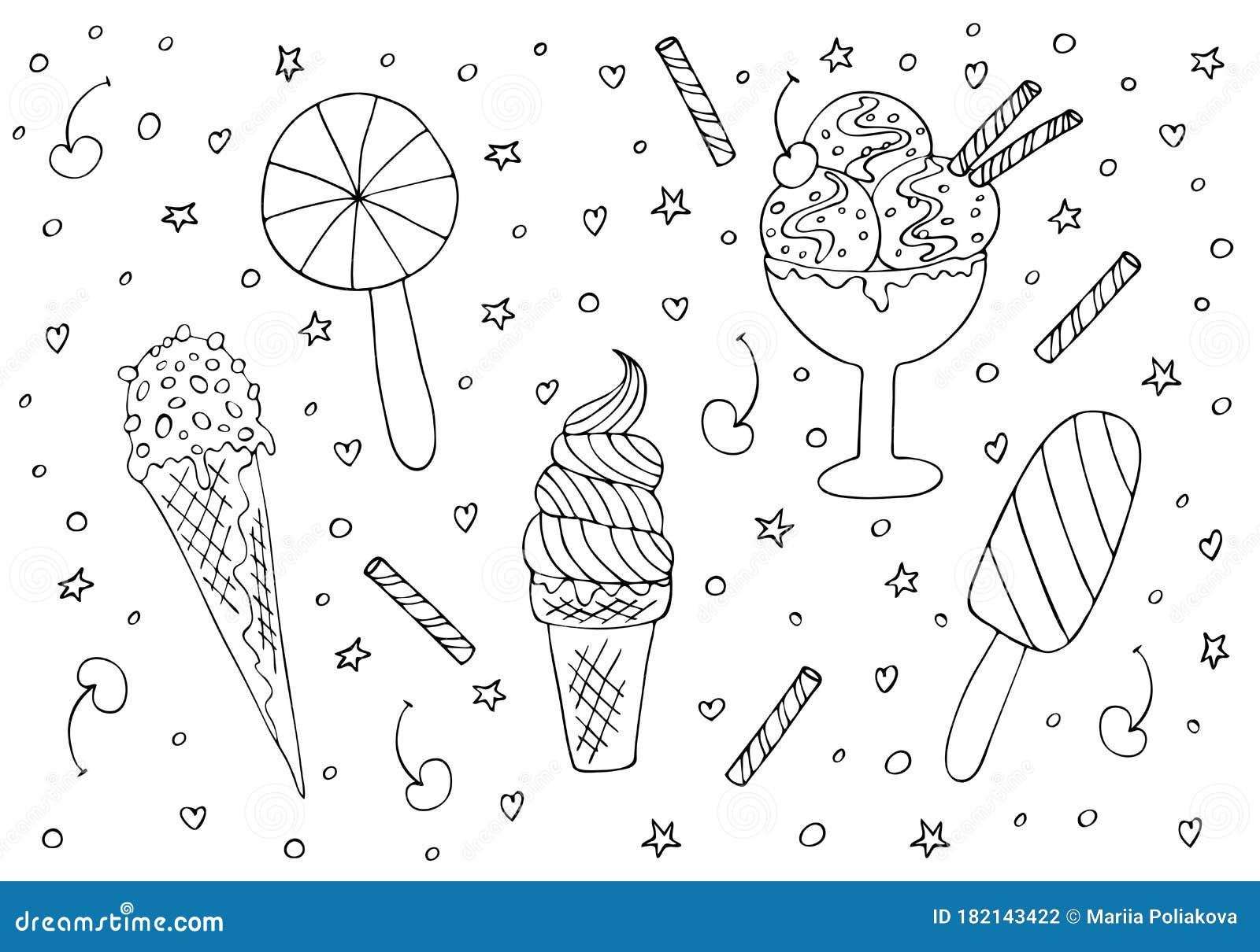 Set of Ice Cream Hand Drawn by a Black Line: Popsicle on a Stick ...