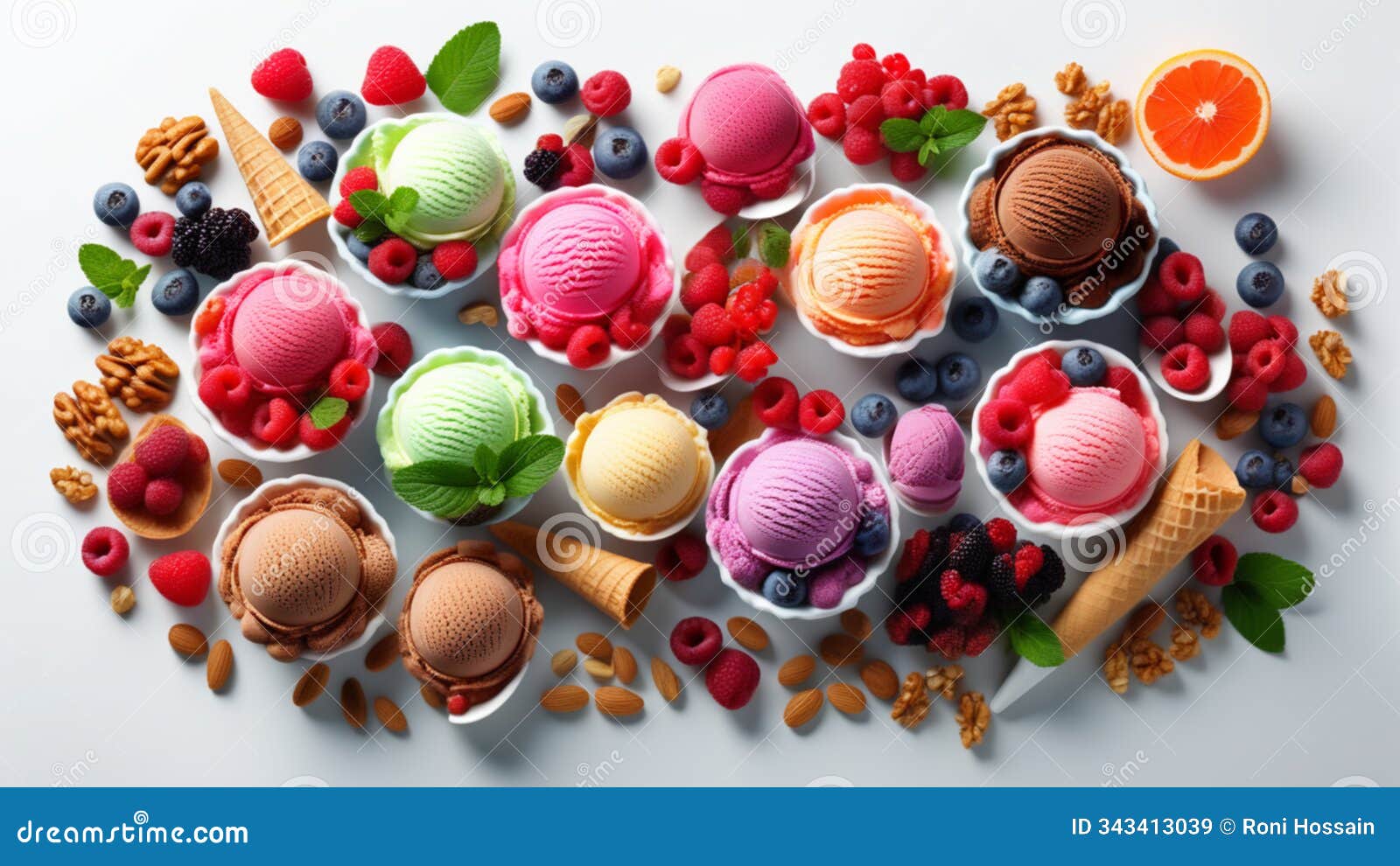 set of ice cream scoops of different colors and flavours with berries,