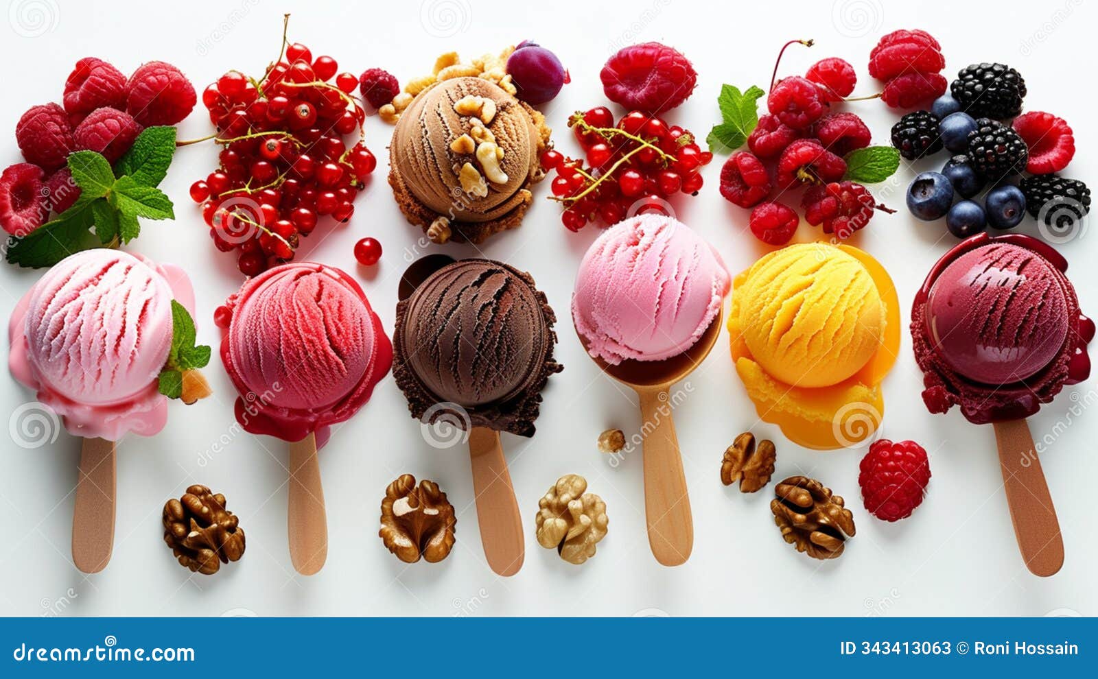 set of ice cream scoops of different colors and flavours with berries,