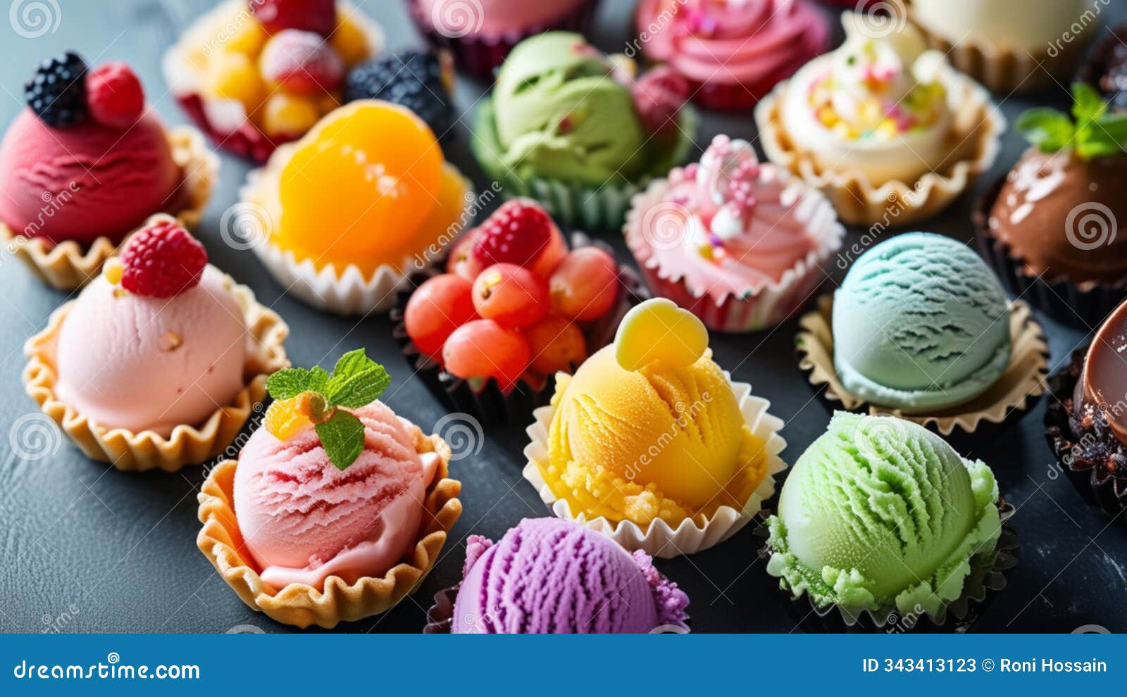 set of ice cream scoops of different colors and flavours with berries,