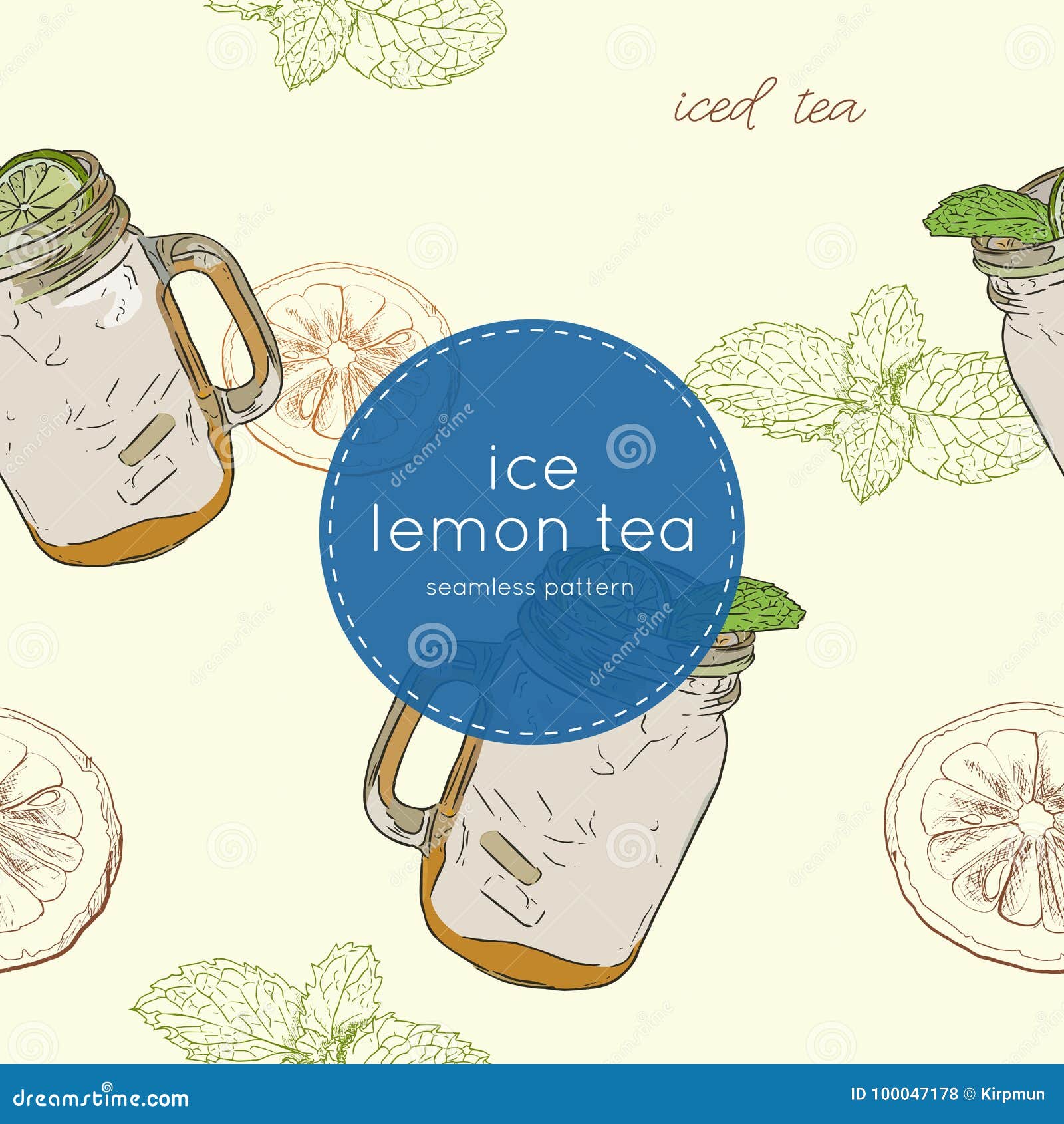 Set of Iced Lemon Mint Tea , Seamless Pattern Vector. Stock Vector