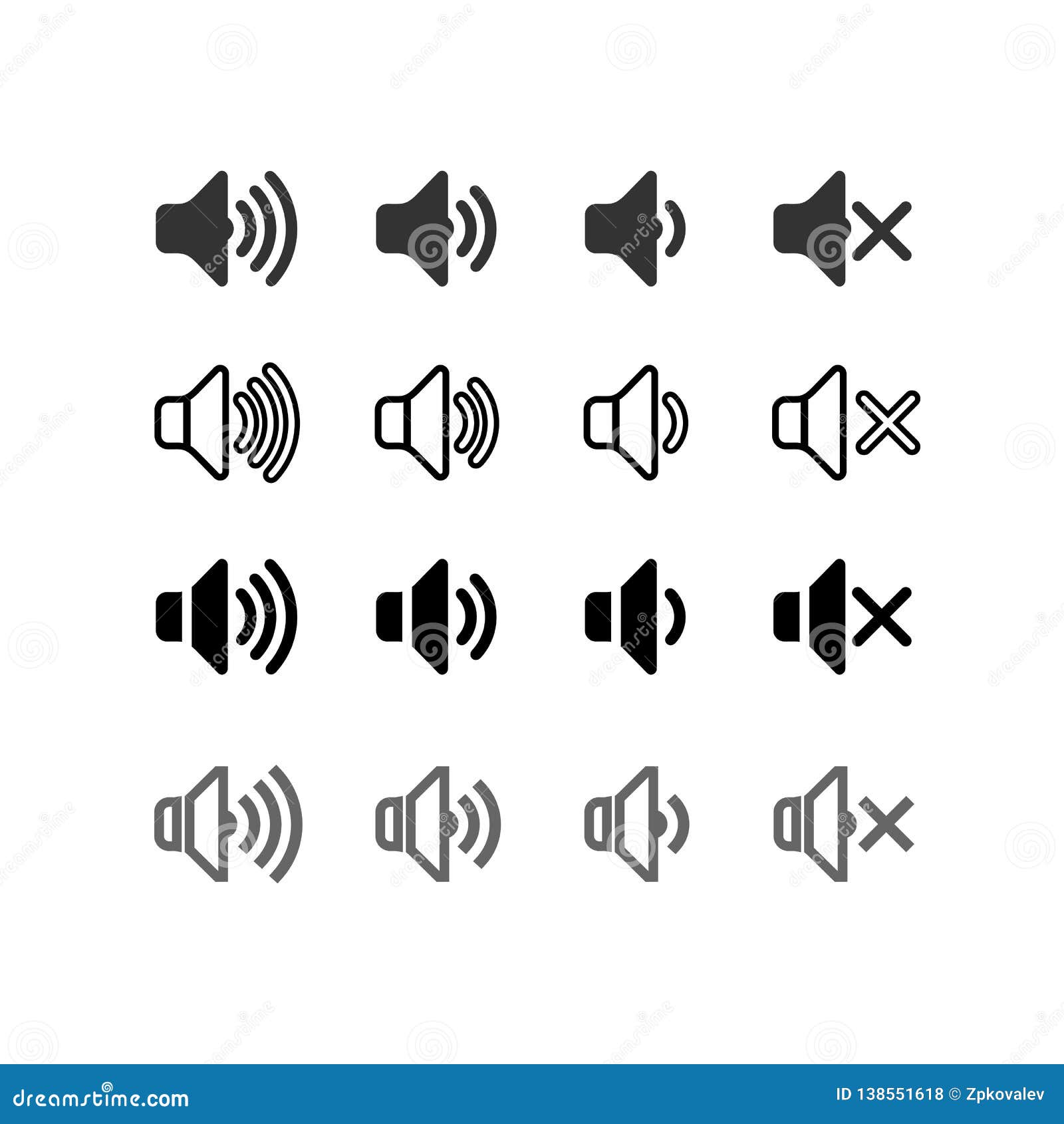 set of an icon that increases and reduces the sound. icon showing the mute. sound icons with different signal levels in a flat