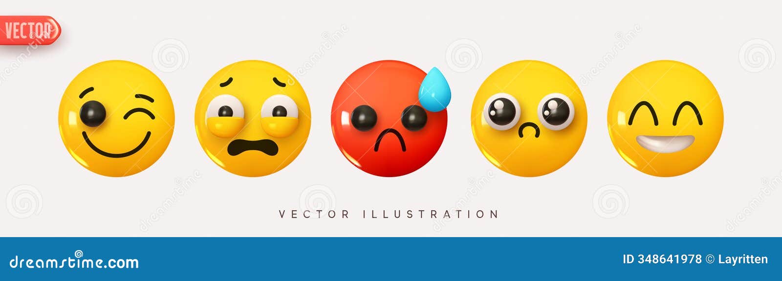 set icon smile emoji. realistic yellow glossy 3d emotions face happy smile pleased, bewildered fear, winks, smile
