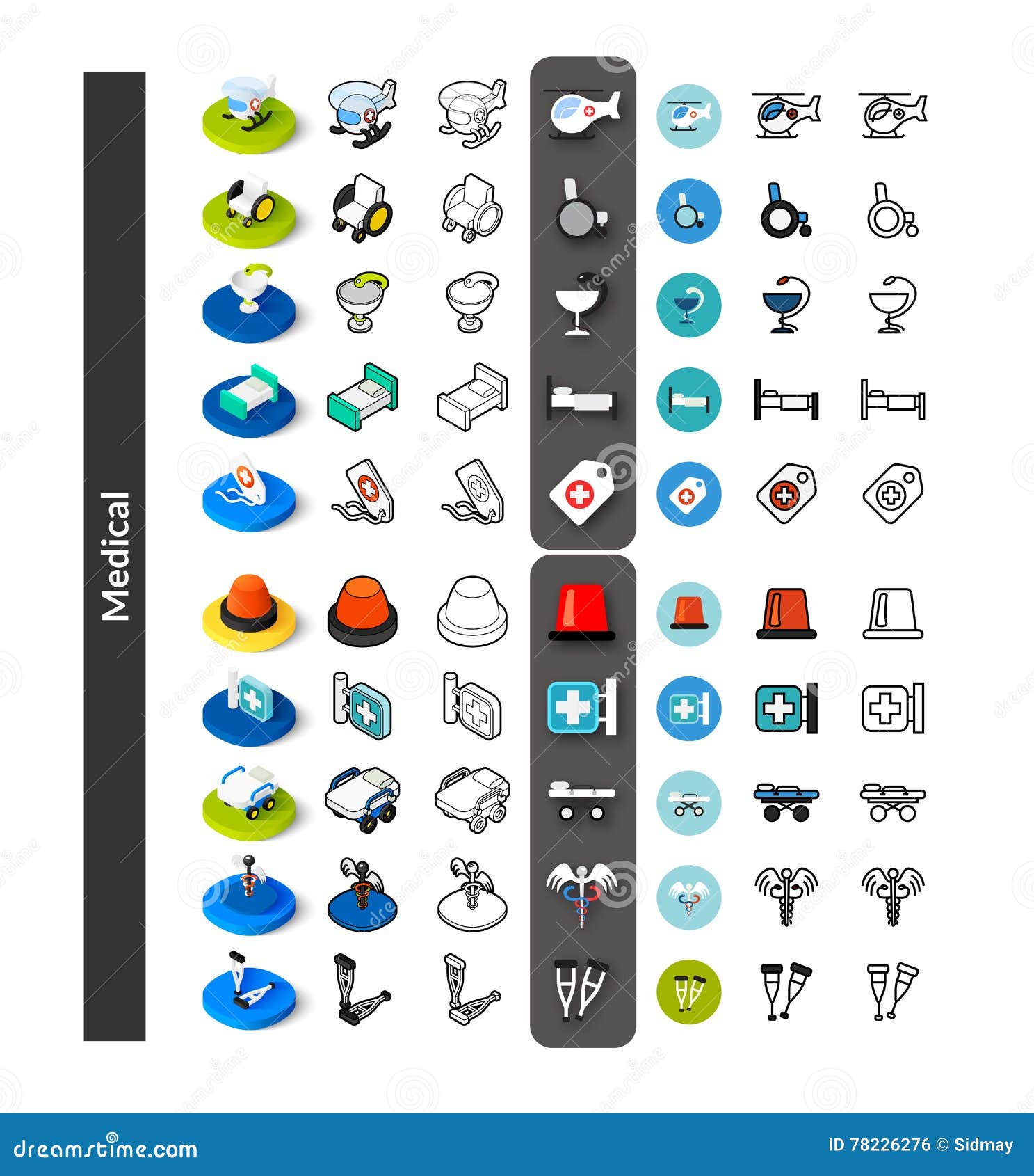 set of icons in different style - isometric flat and otline, colored and black versions