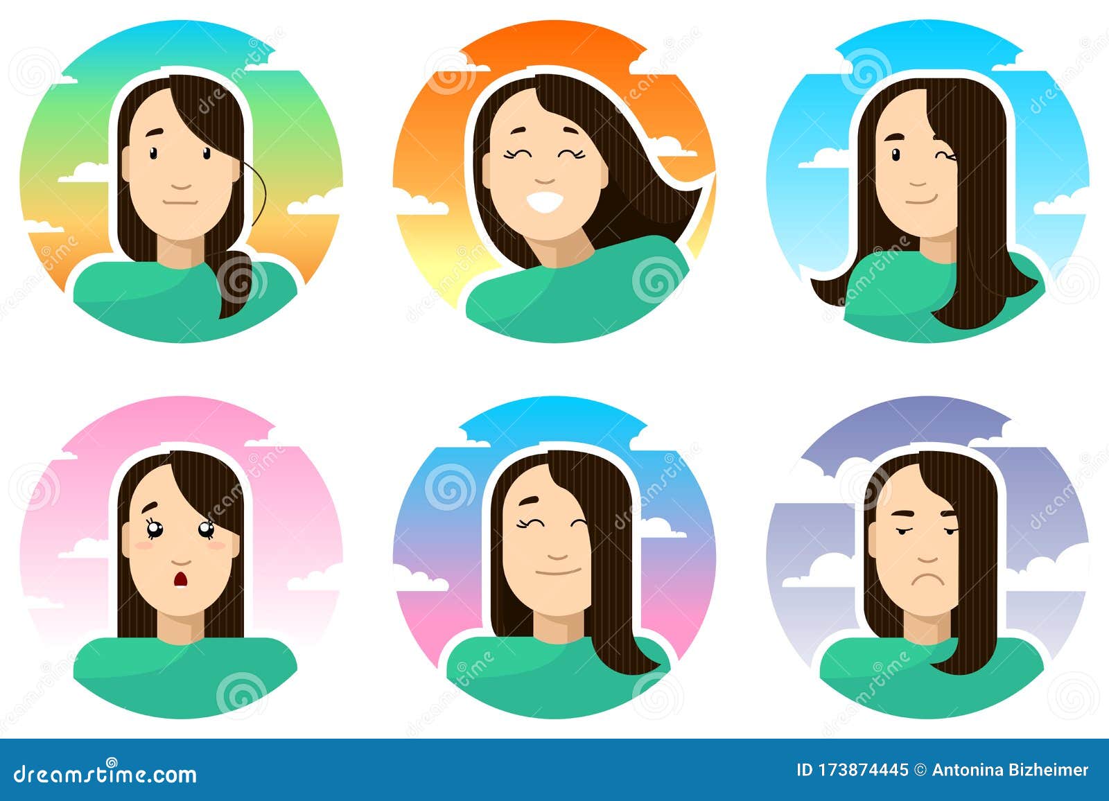 Set of Icons with Girls with Different Emotions; Happy, Satisfied ...