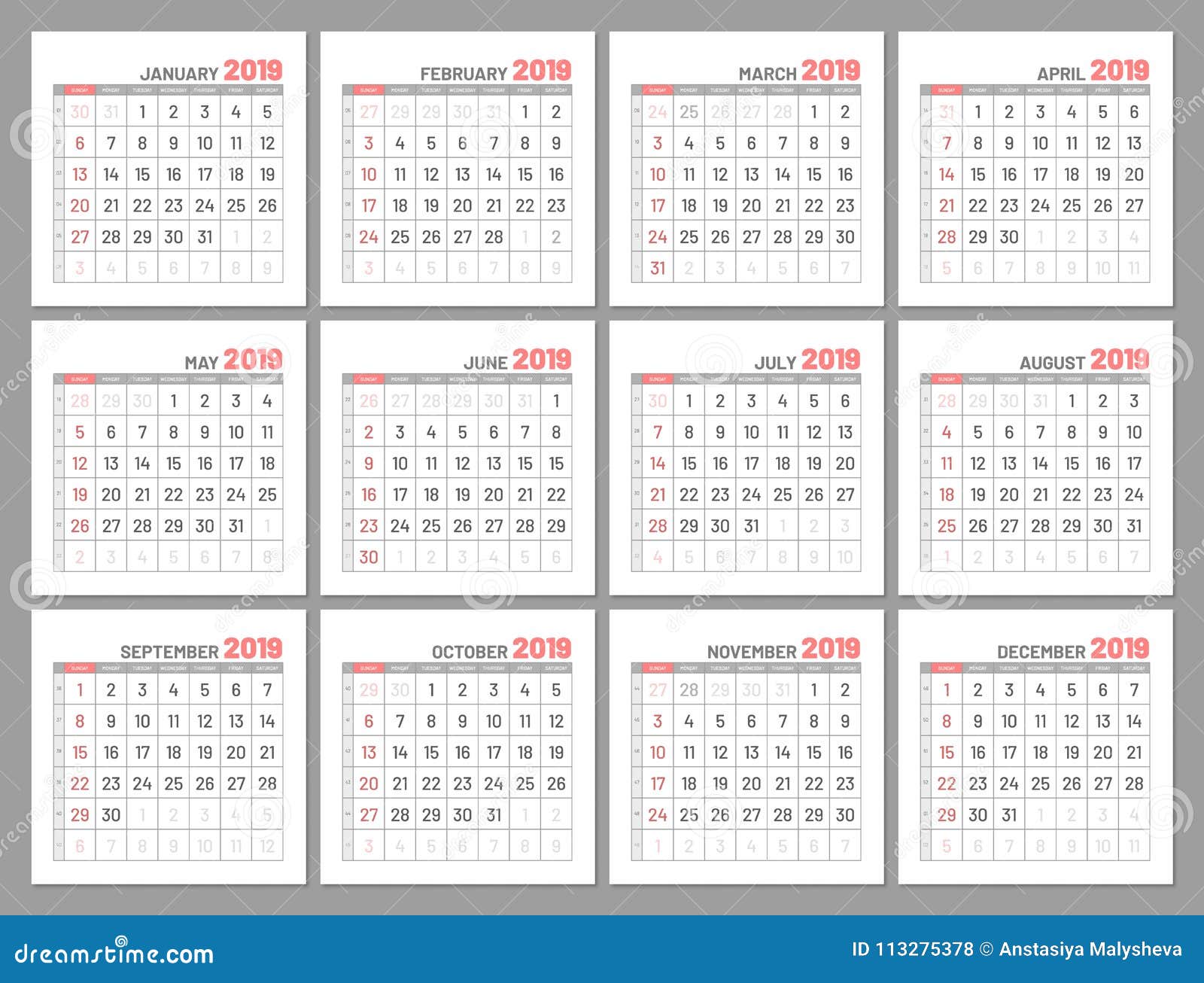 set-identical-light-mini-calendars-2019-months-flat-stock-vector