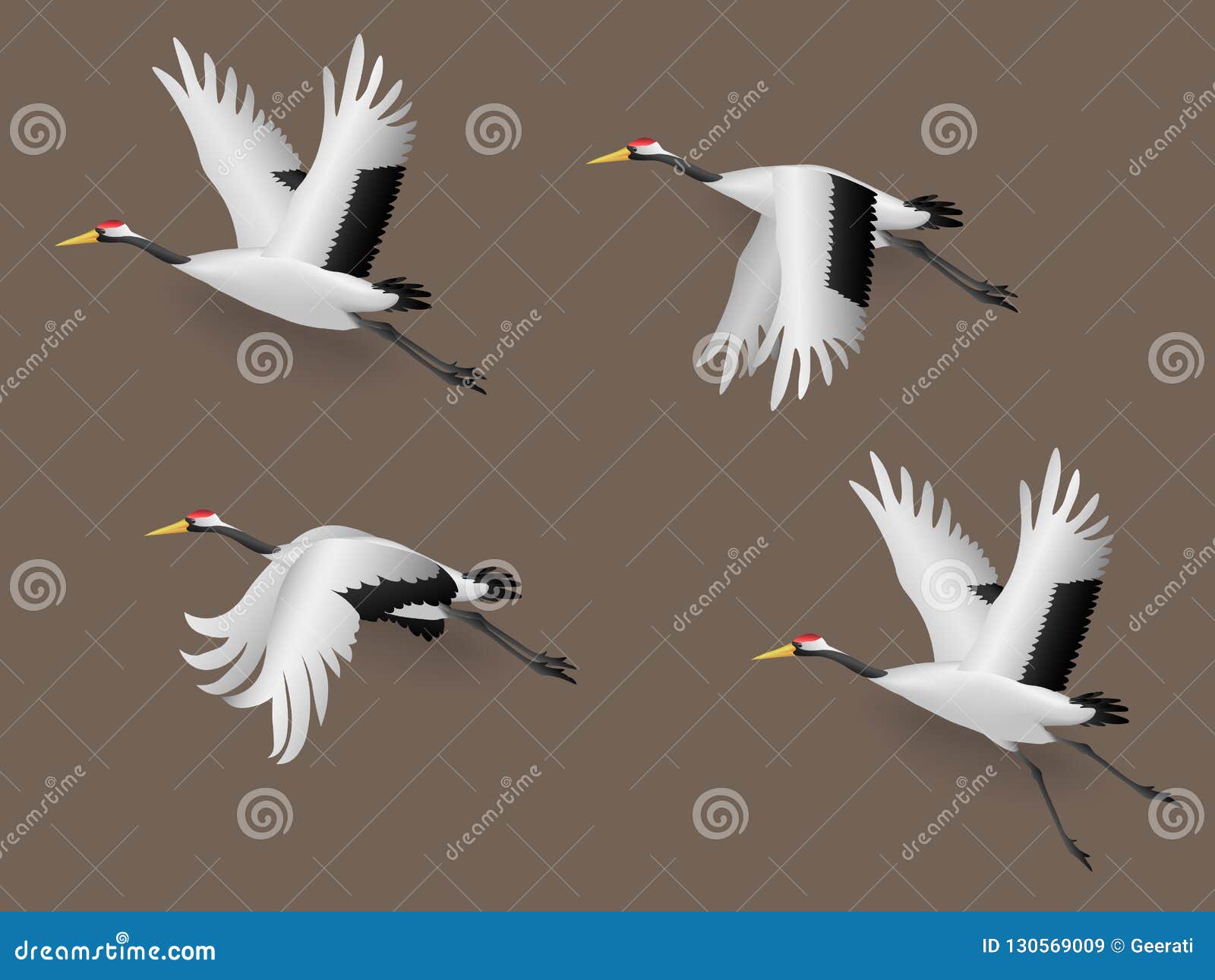 Set of Illustration Japanese Crane Birds Flying Stock Vector