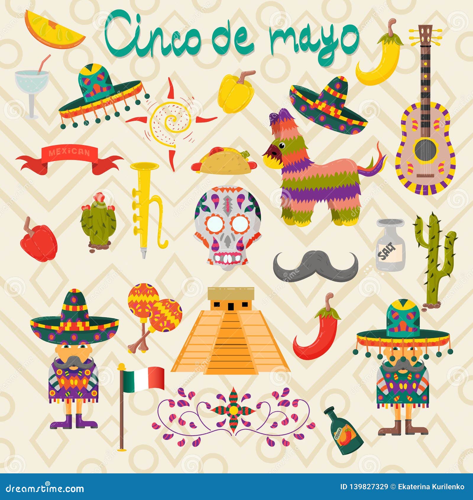 Set of Illustrations of Design Elements on the Mexican Theme of Cinco De Mayo Celebration in