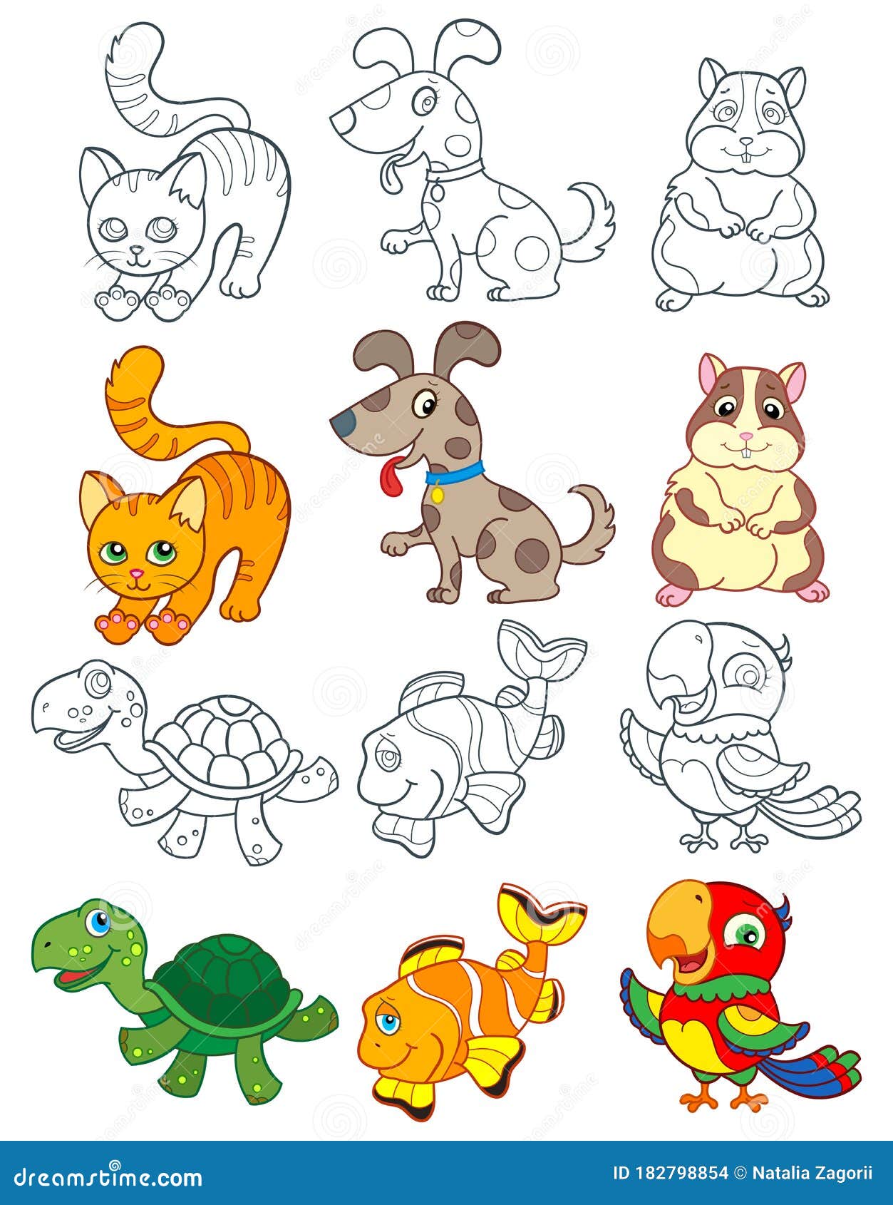  with set of pets, bright animales and contours  on a white background