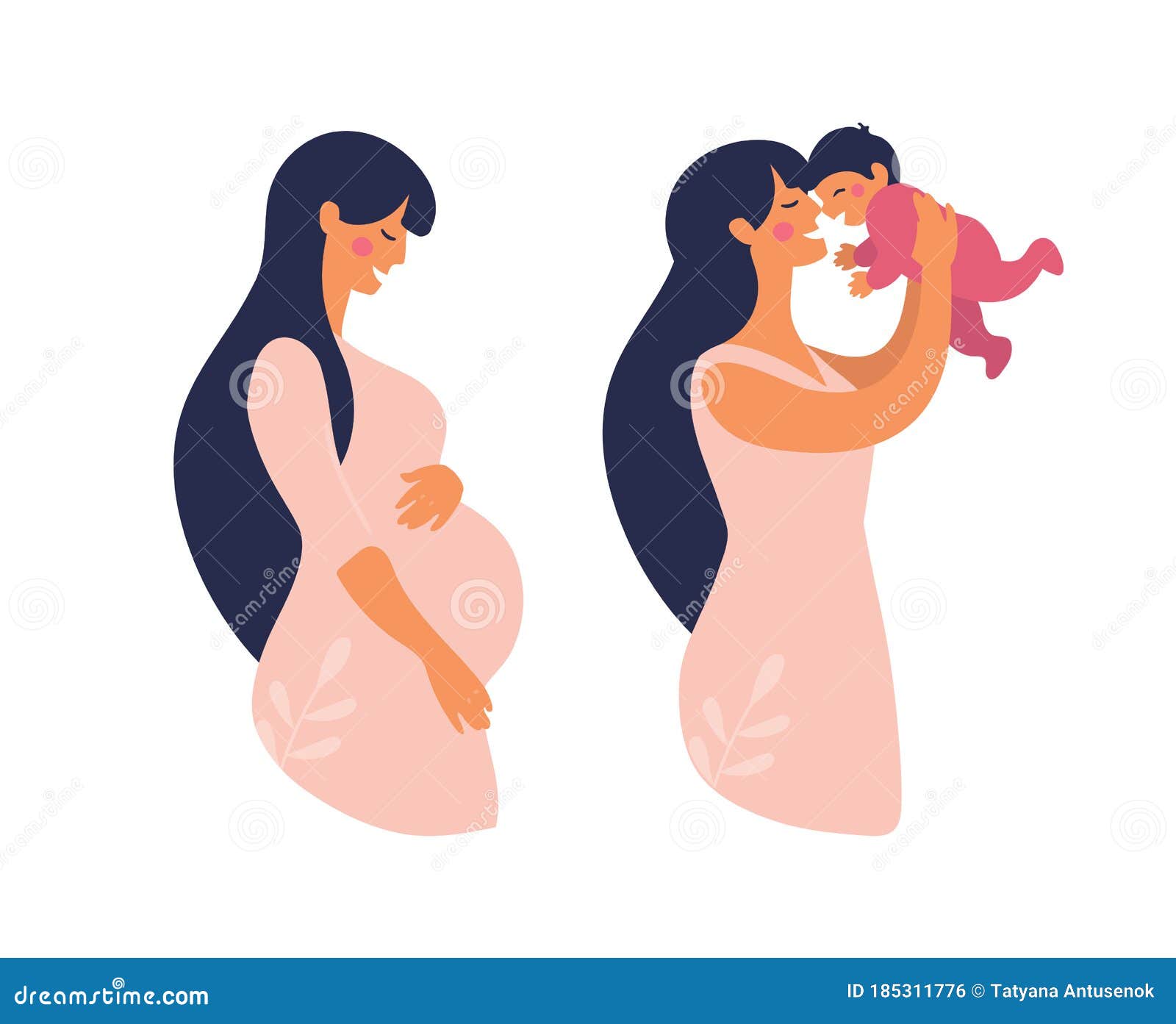 Set Of Illustrations About Pregnancy And Motherhood Pregnant Woman With Tummy Lady With A