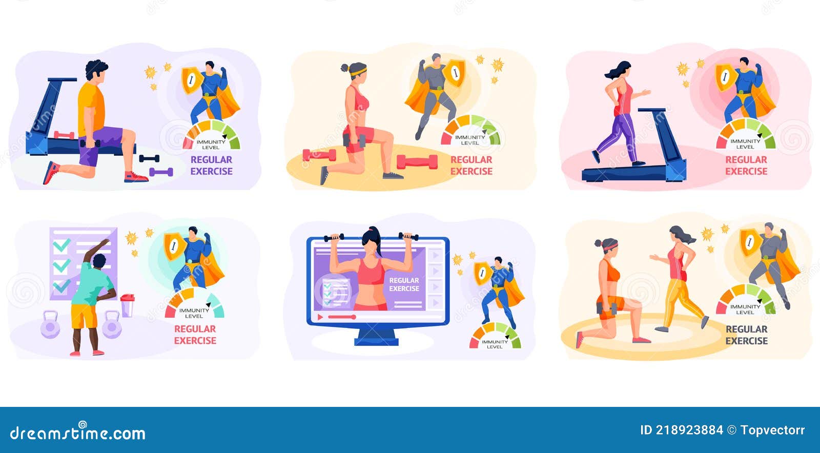 set of s about regular exercises with equipment. immunity level increases due to sports