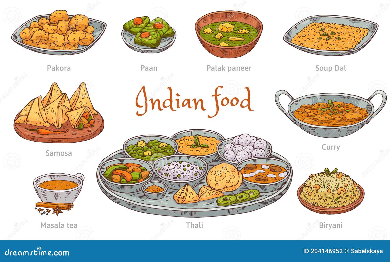 Set of Indian Food Colorful Icons in Hand Drawn Engraved Style Vector ...