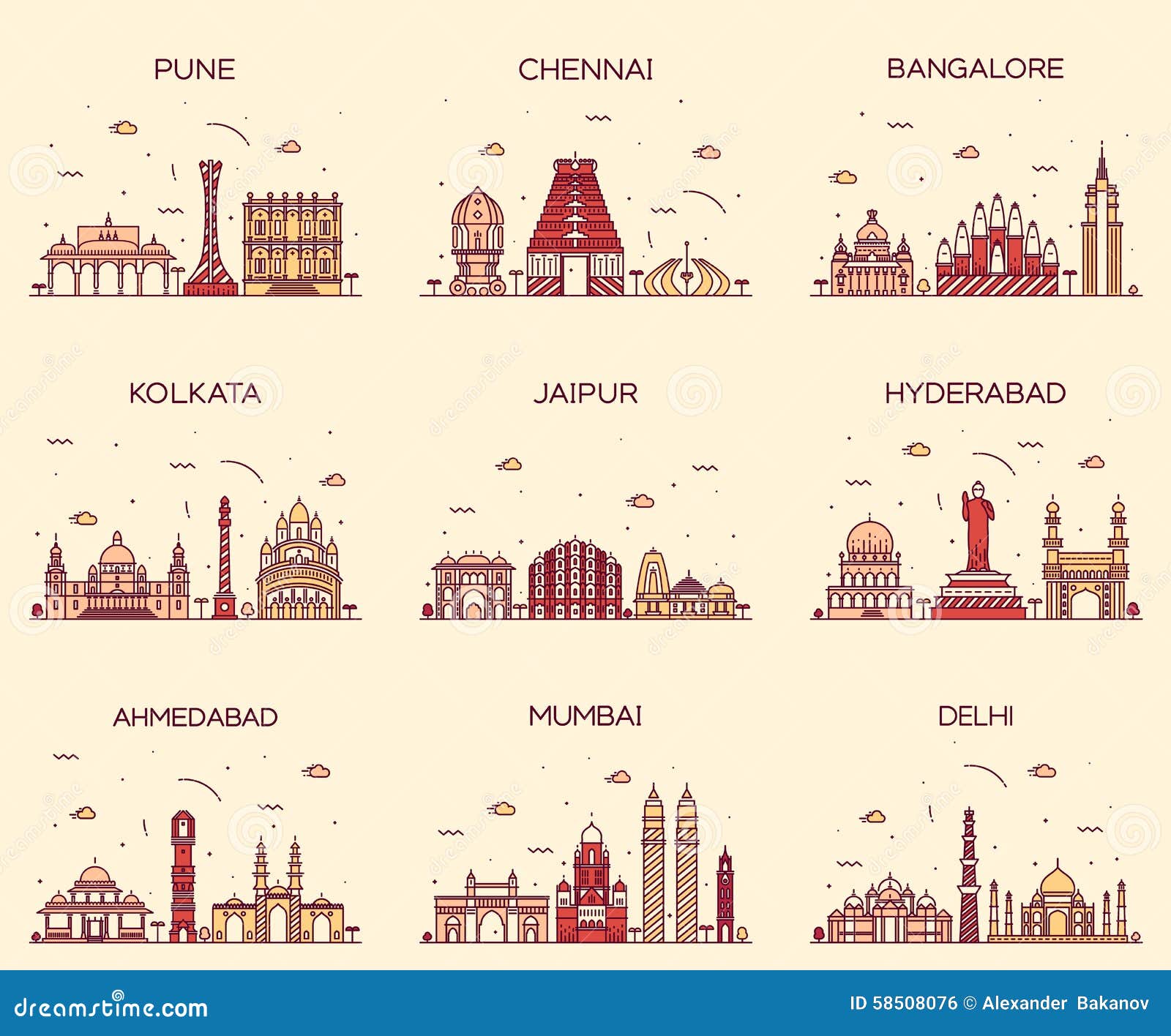 set indian skylines mumbai delhi jaipur kolkata