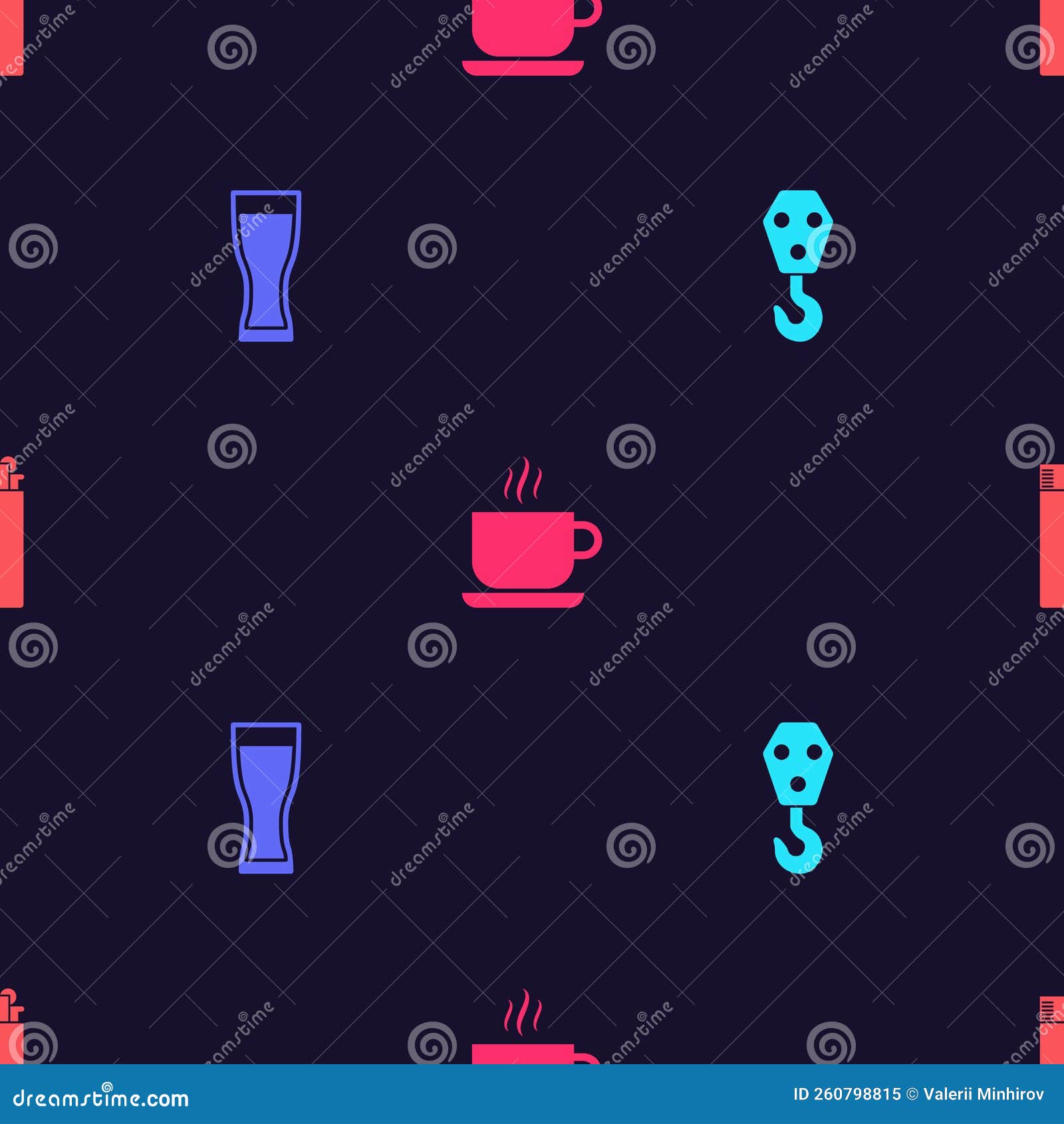 Set Industrial Hook, Glass of Beer, Coffee Cup and Lighter on Seamless