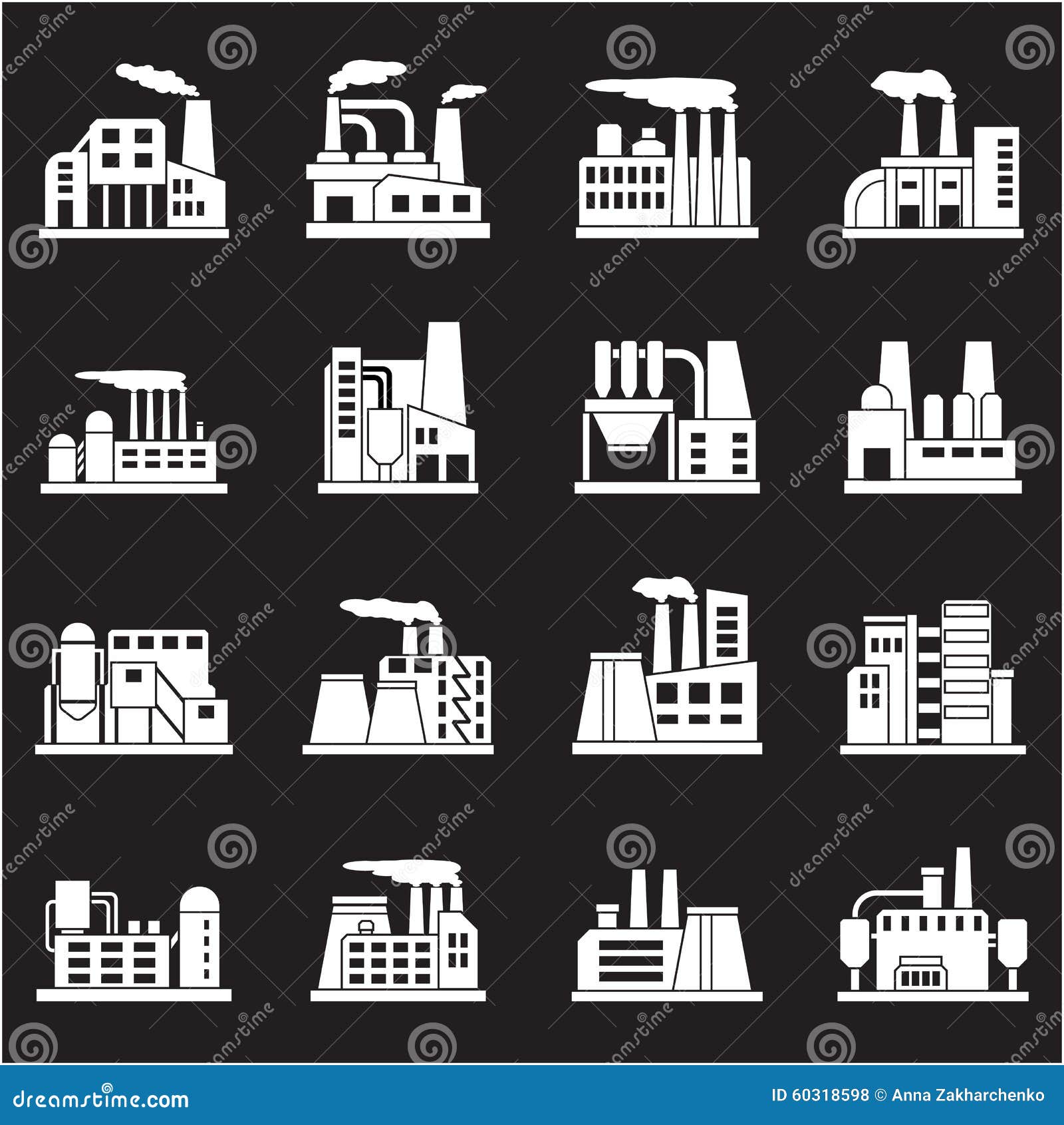 set of industrial manufactory buildings icons set