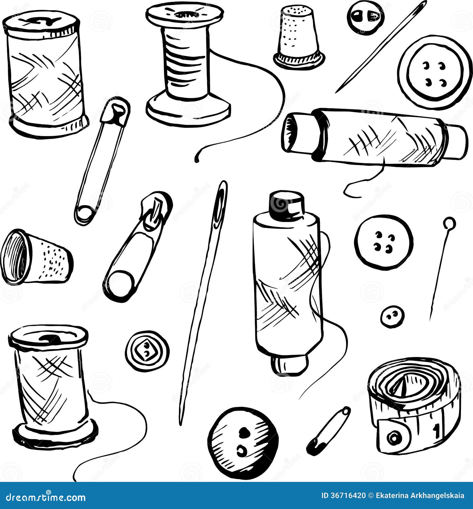 Set Of Ink Drawing Needlework Equipment Stock Vector Illustration of