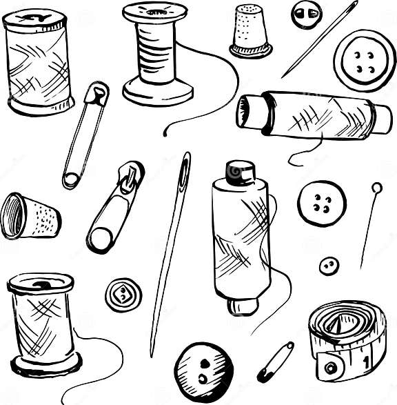 Set of Ink Drawing Needlework Equipment Stock Vector - Illustration of ...