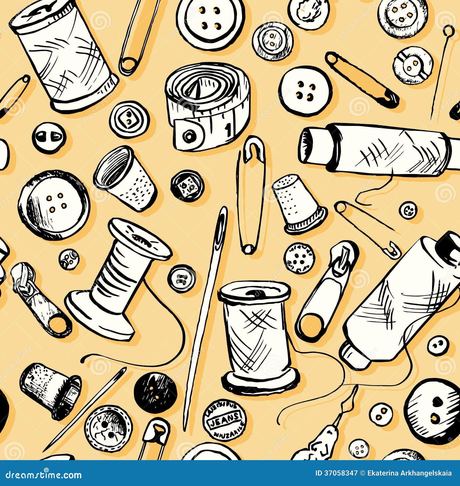 Set of Ink Drawing Needlework Equipment Stock Vector Illustration of