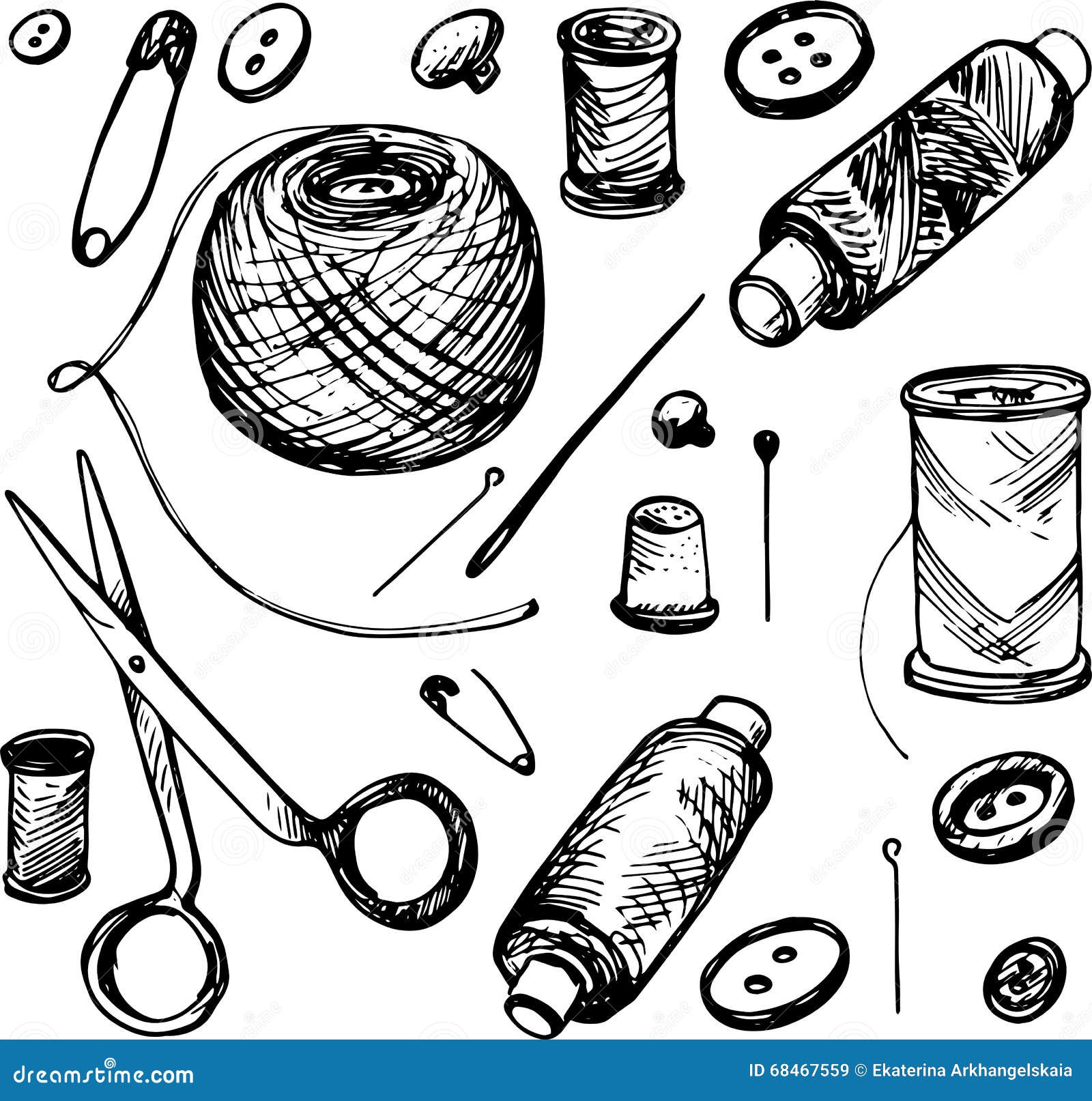 Set of Ink Drawing Needlework Equipment Stock Vector - Illustration of ...
