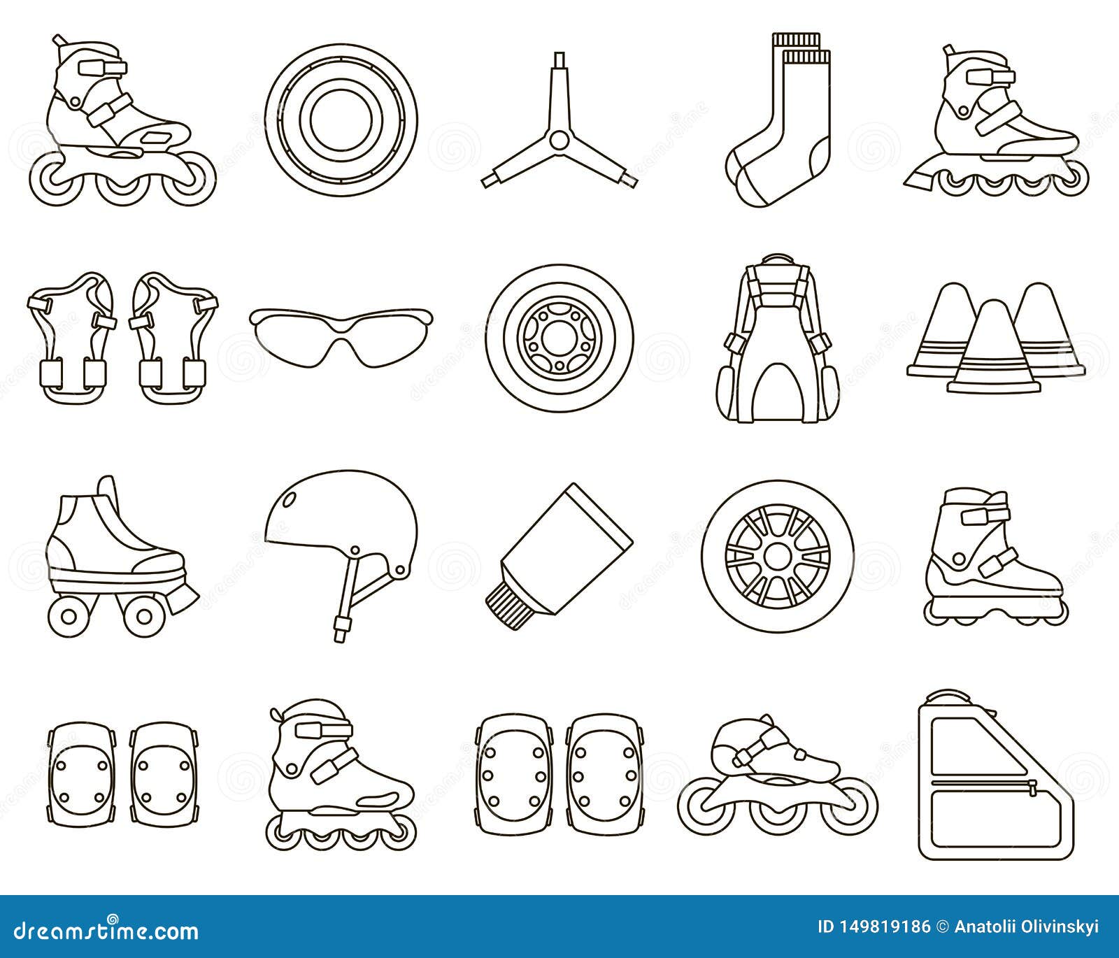 Set of Inline Roller Skates and Accessories Icons Isolated on White
