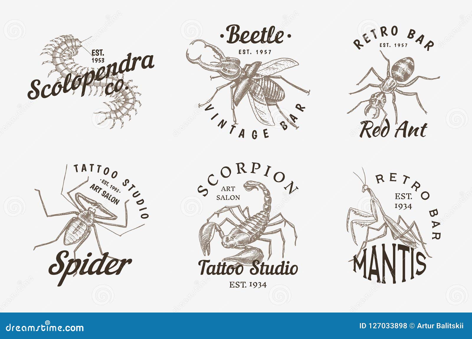 Set of Insects Logos. Vintage Pets Labels for Bar or Tattoo Studio Stock Vector - Illustration of line, logotype: 127033898 Set of Insects Logos. Vintage Pets Labels for Bar or Tattoo Studio Stock Vector - Illustration of line, logotype: 127033898