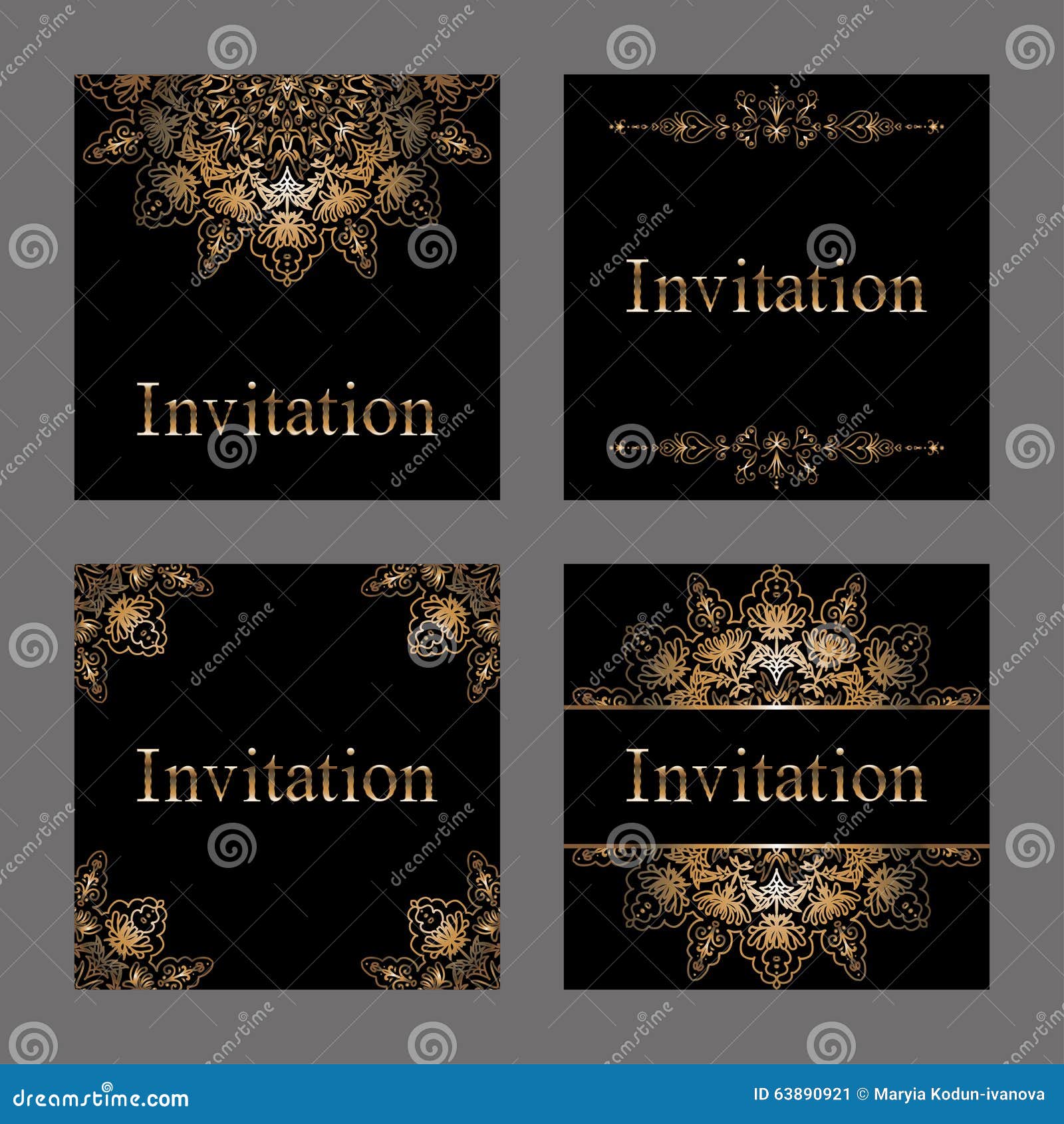 set of invitation cards with golden foil