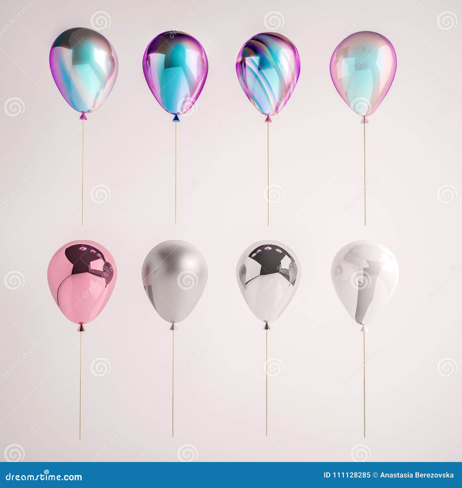 set of iridescence holographic and silver foil balloons  on gray background. trendy realistic  3d s for birth