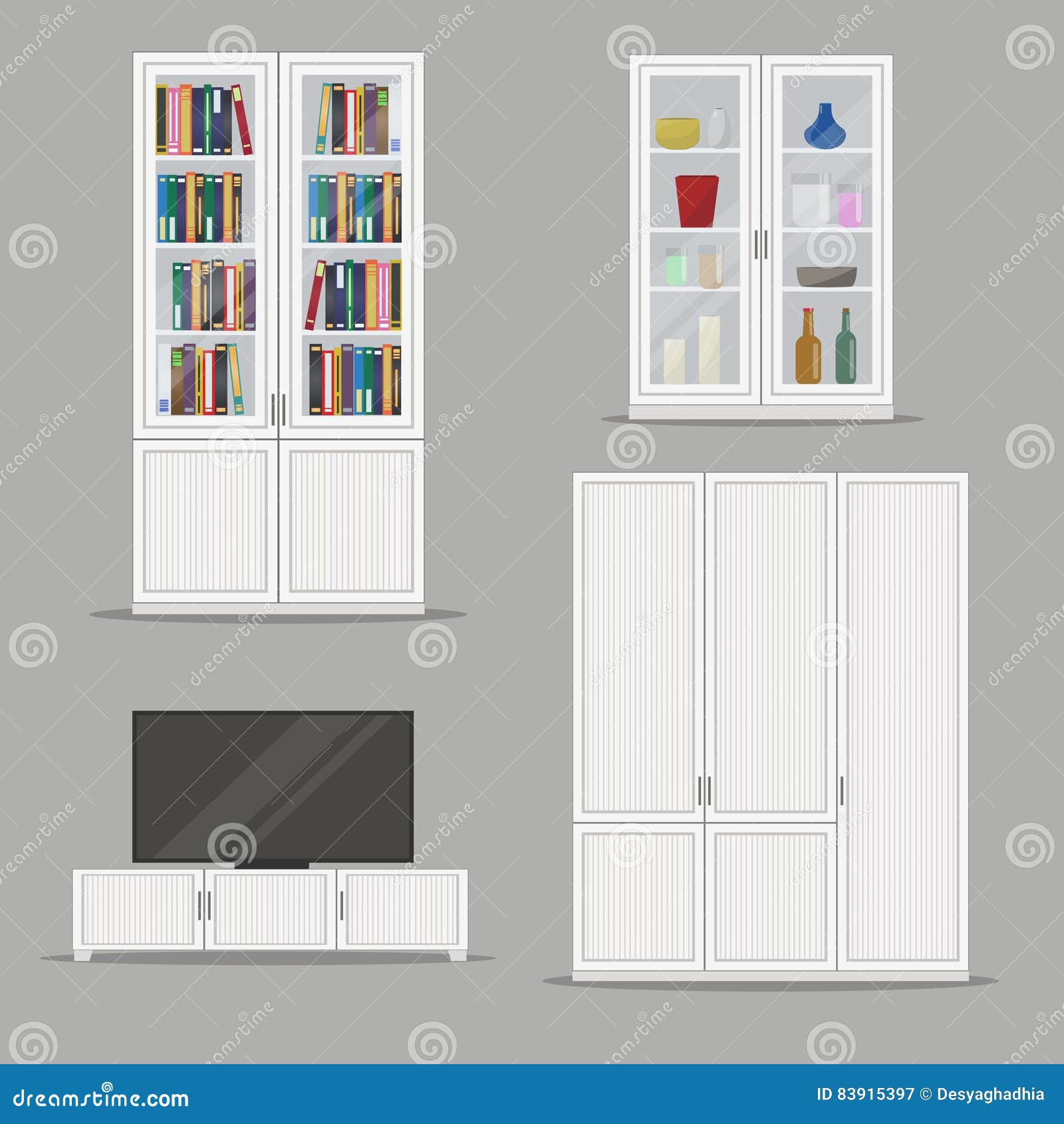 Set Of Isolated Bookcase Tv Cabinet And Wardrobe Furniture Stock