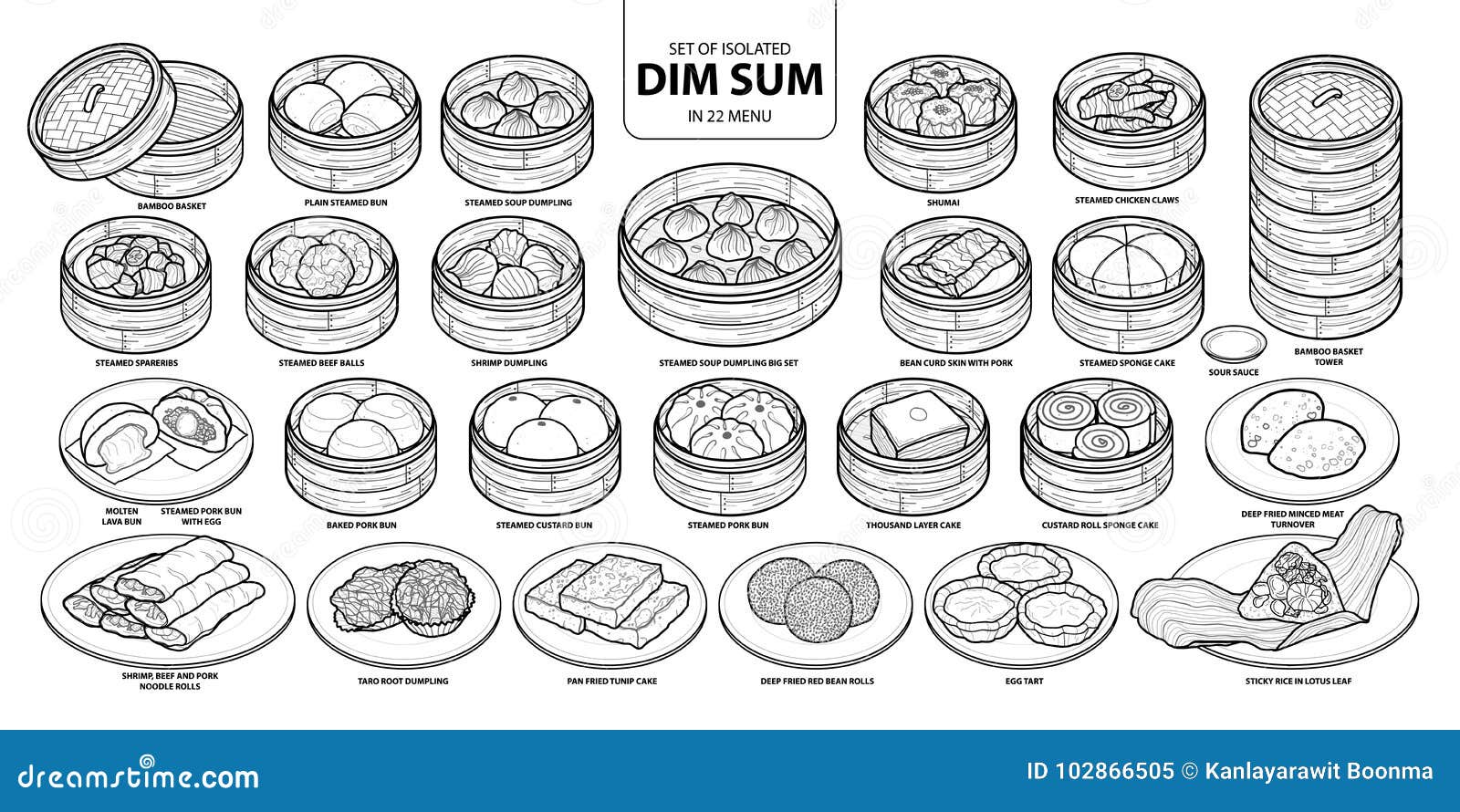 set of  chinese food, dim sum in 22 menu. cute hand drawn food   in black outline and white plane.