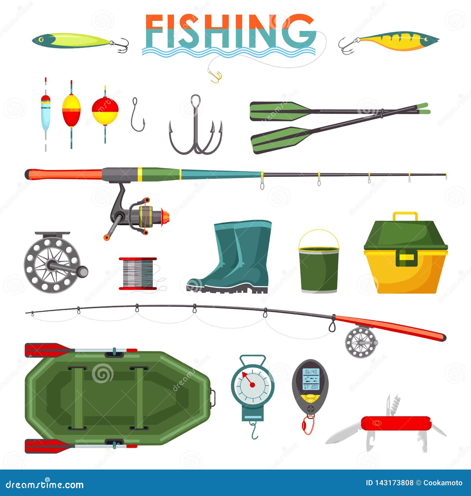 Set of Isolated Fishing Items or Equipment, Rod Stock Vector - Illustration  of lake, boot: 143173808