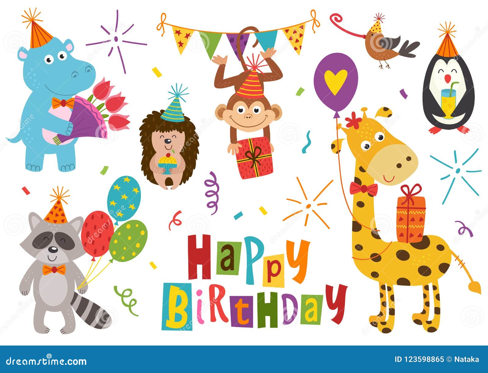 Set of Isolated Funny Animals for Happy Birthday Design Part 1 Stock  Illustration - Illustration of bird, flower: 123598865