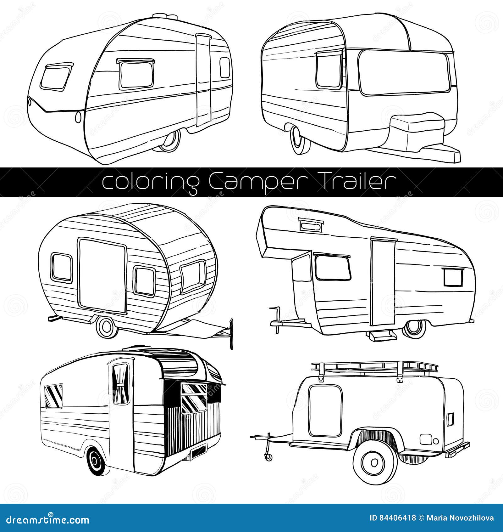 Set Isolated Hand Drawn, Doodle Camper Trailer, Car Recreation