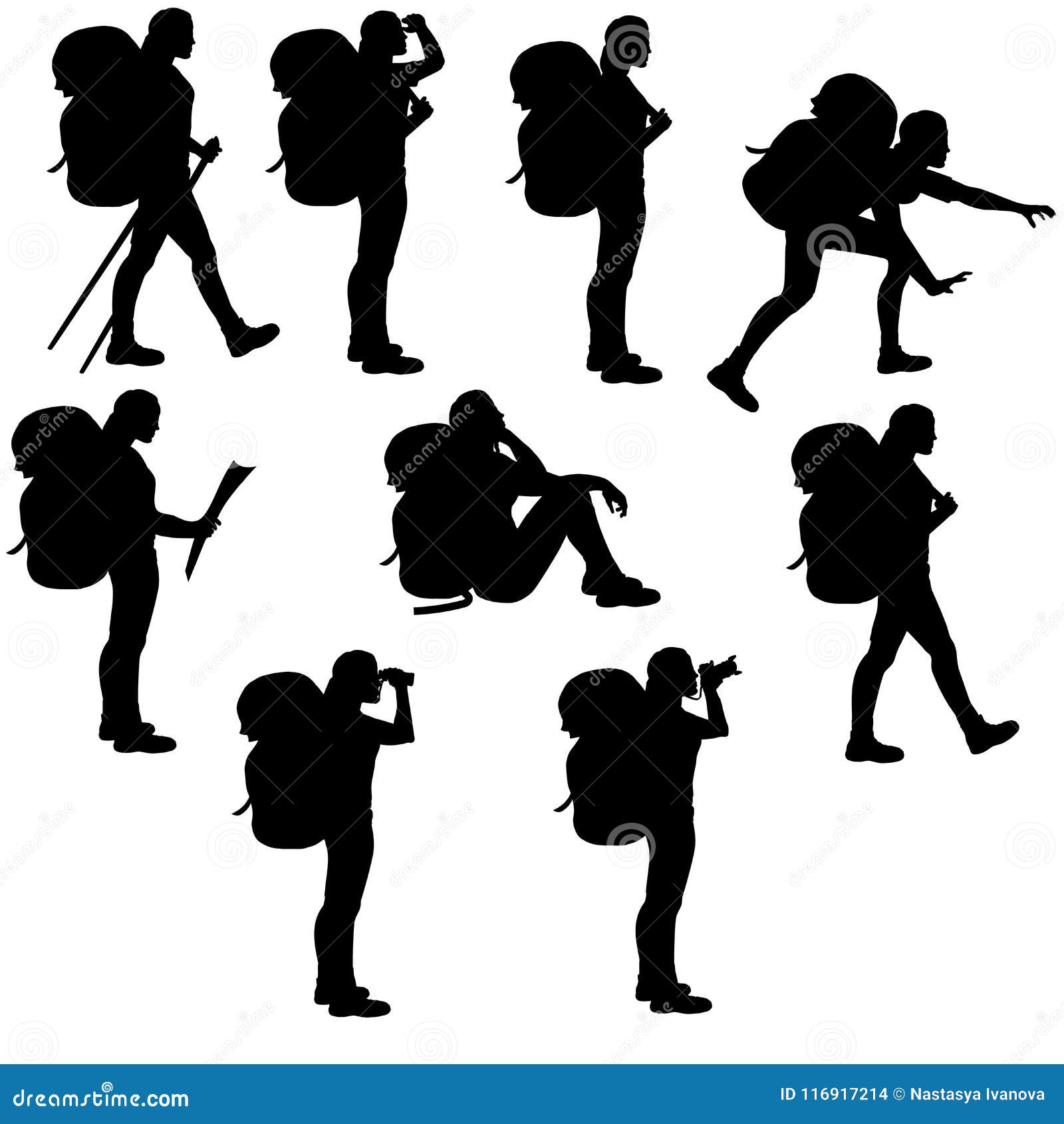 set of  hiker girls silhouettes