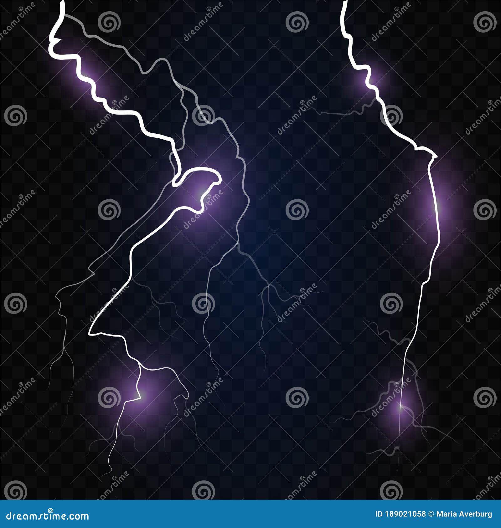 Set Of Isolated Lightning Effects On Blue Background. Thunderstorm Magic And Bright Lightning