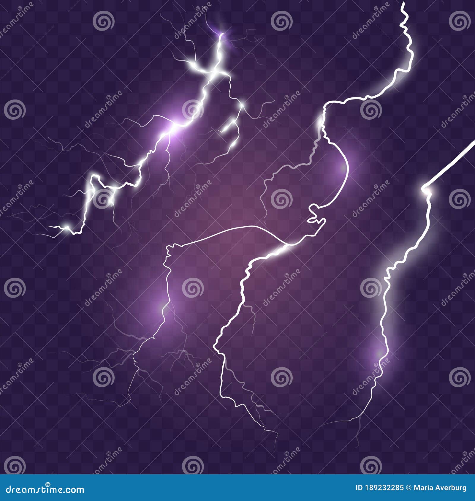 Set of Isolated Lightning Effects on Blue Background. Thunderstorm Magic and Bright Lightning