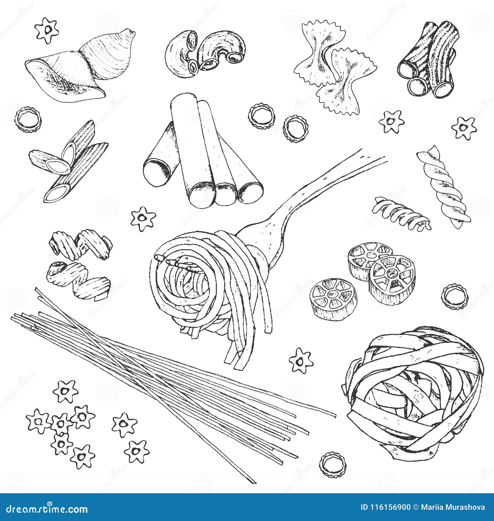 Pasta Set. Hand-drawn Cartoon Kinds Of Pasta. Doodle Drawing. Vector Illustration ...