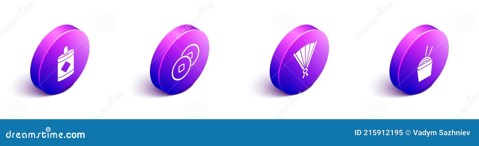 set isometric firework, chinese yuan currency, paper chinese folding fan and asian noodles in paper box and chopsticks