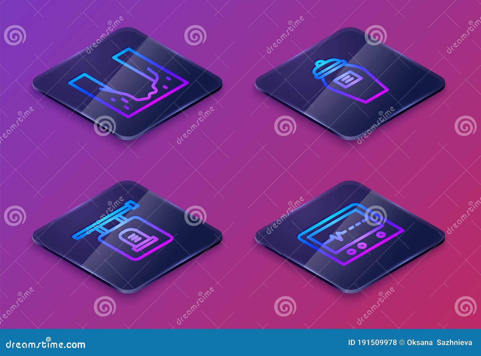 set isometric line cemetery digged grave hole, signboard tombstone, funeral urn and beat dead in monitor. blue square