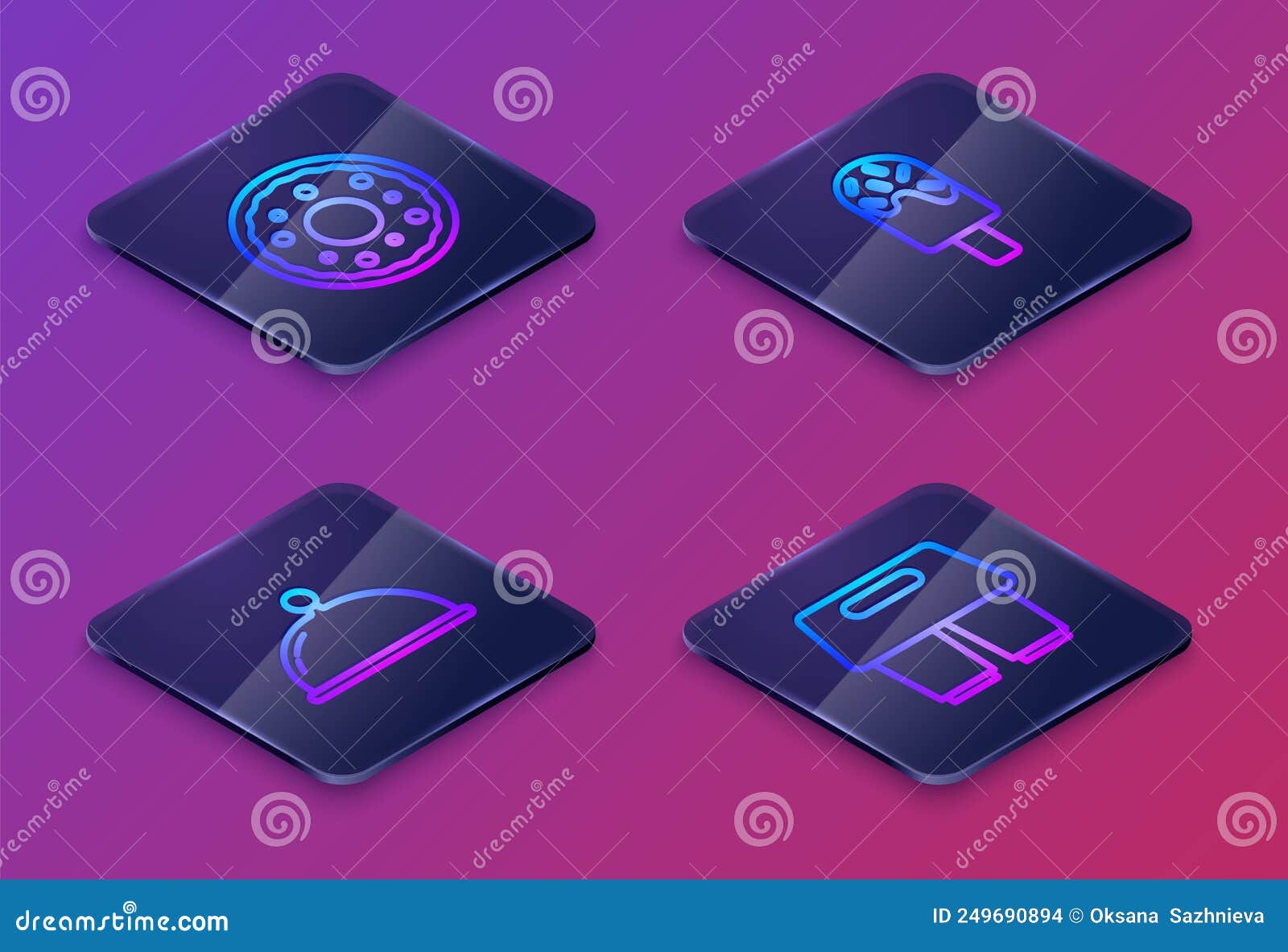 set isometric line donut, covered with tray, ice cream and coffee cup to go. blue square button. 