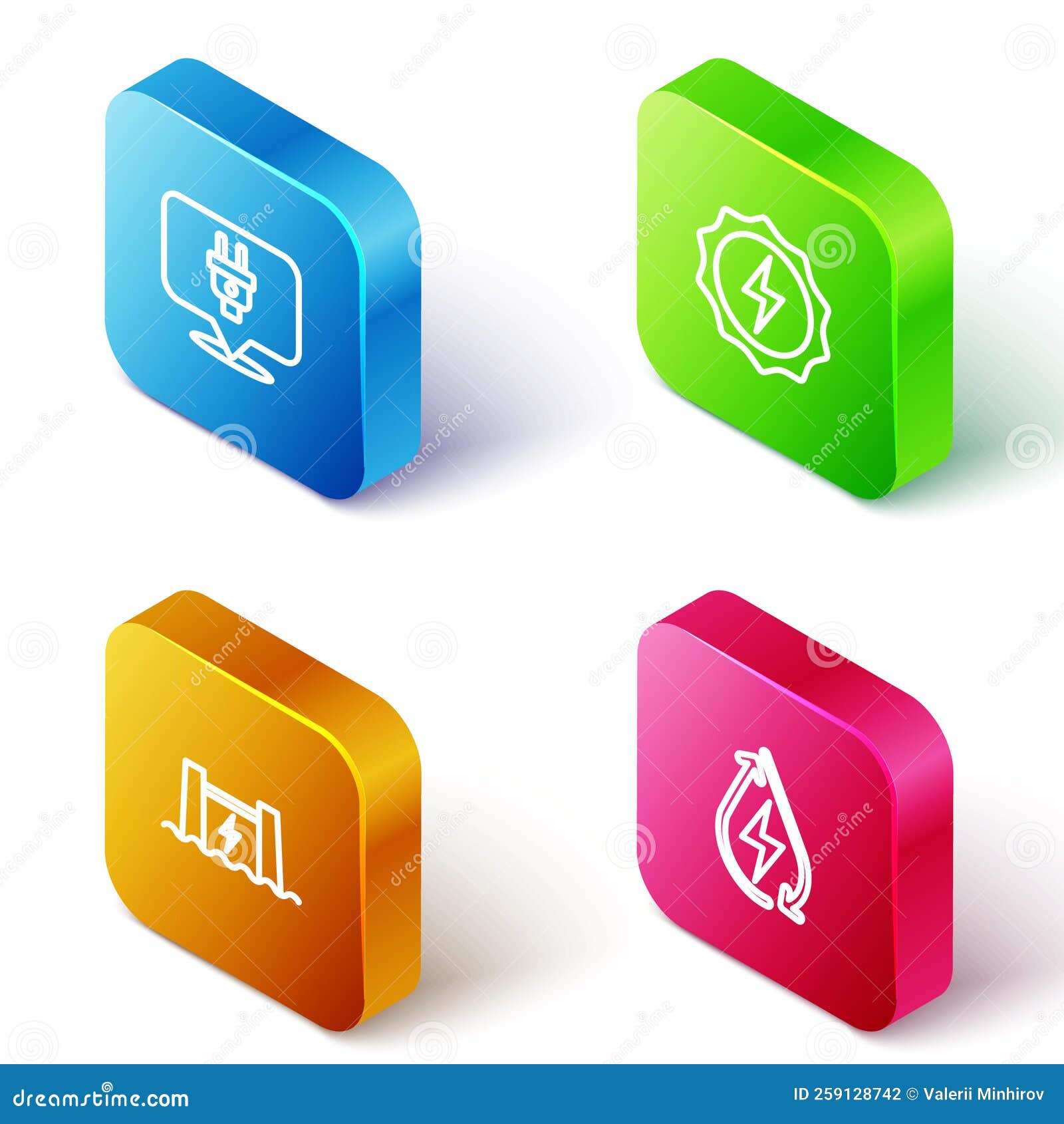 set isometric line electric plug, lightning bolt, hydroelectric dam and water energy icon. 
