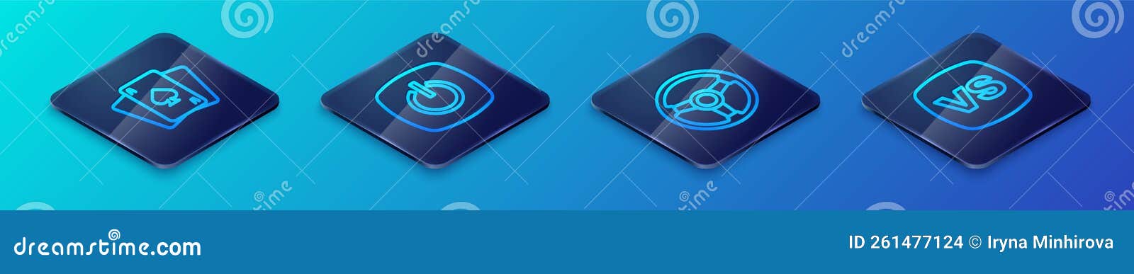 set isometric line racing simulator, playing cards, vs versus battle and power button icon. 