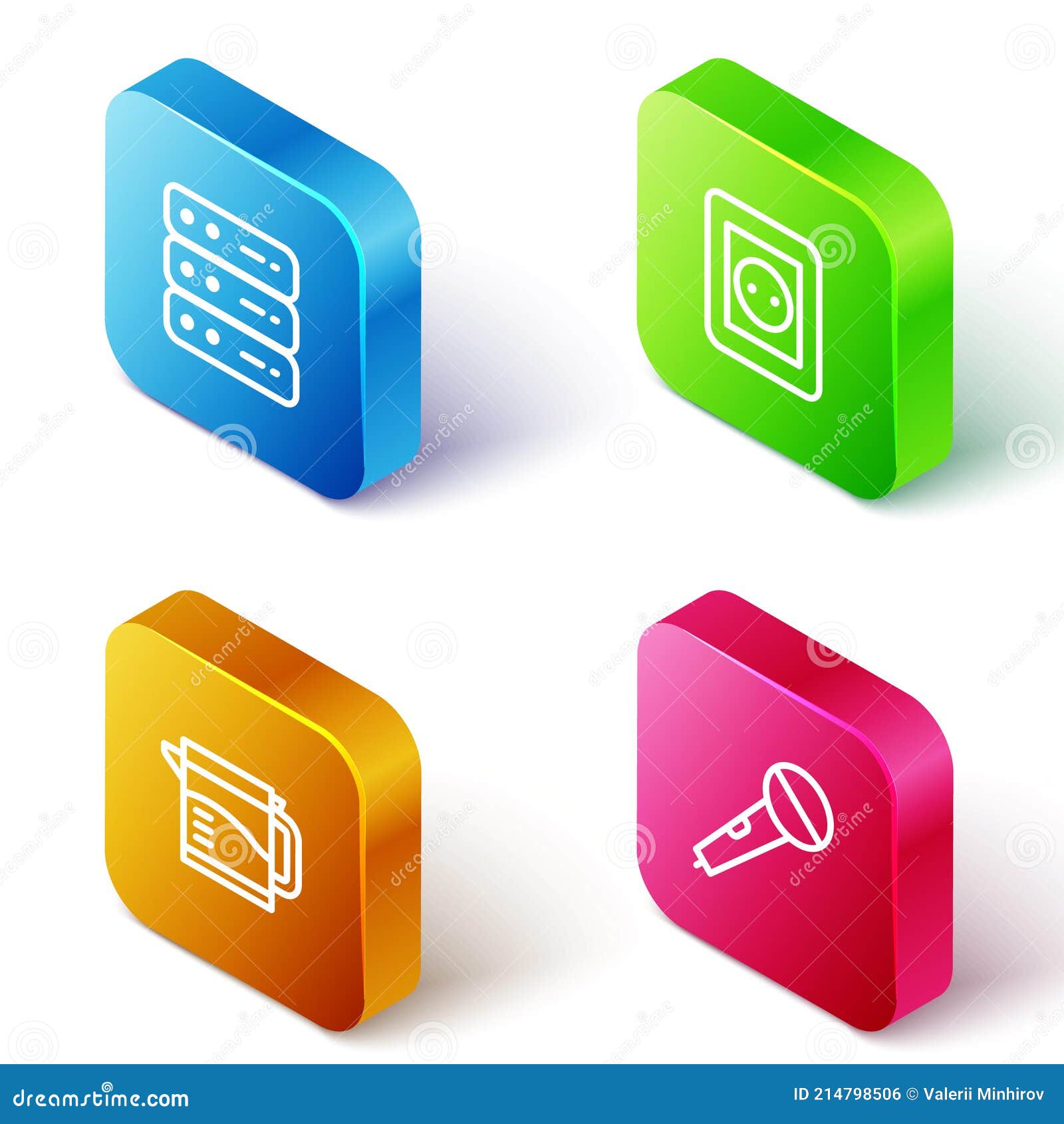 set isometric line server, data, web hosting, electrical outlet, kettle and microphone icon. 