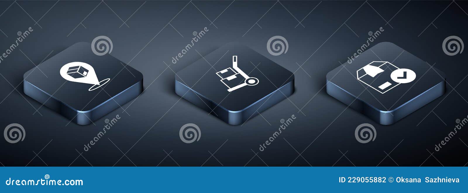 set isometric location with cardboard box, ackage check mark and hand truck and boxes icon. 