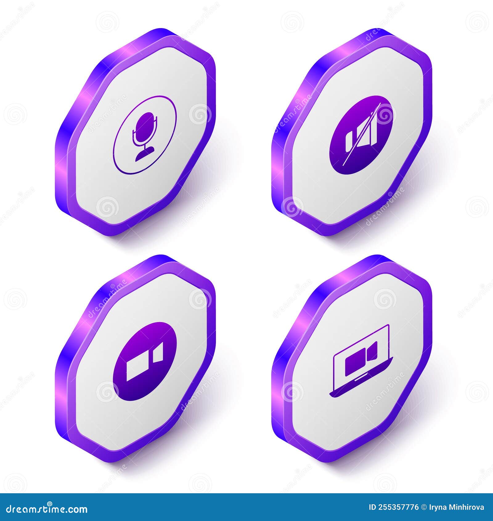 Set Isometric Microphone, Mute Microphone, Video Chat Conference and Icon. Purple Hexagon Button