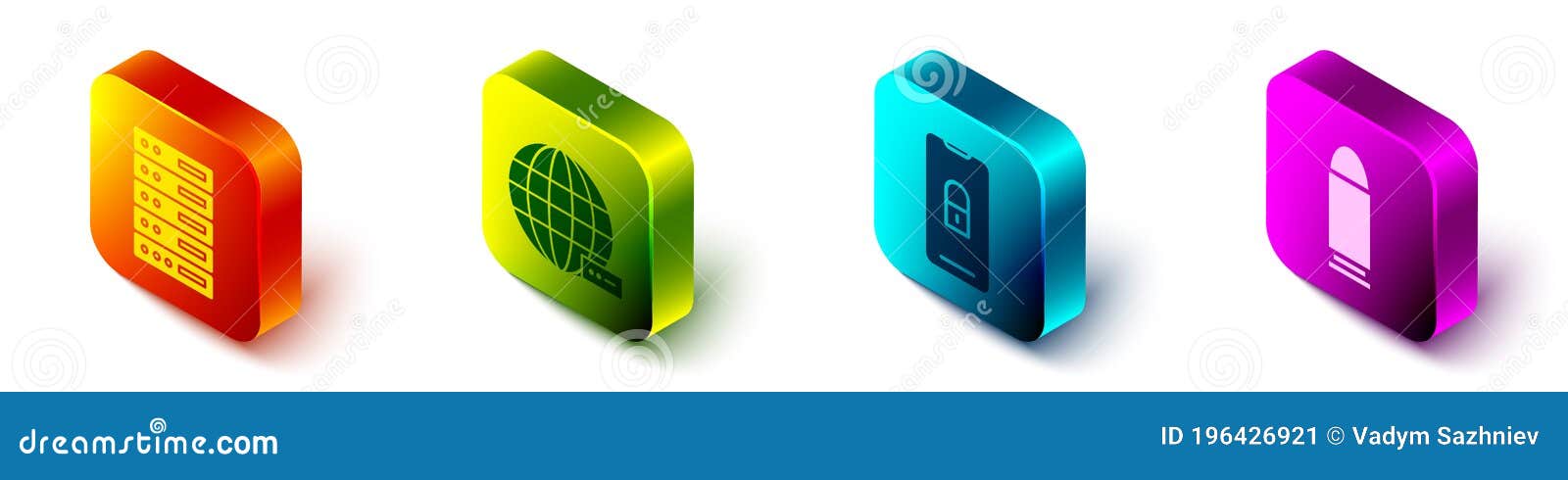set isometric server, data, web hosting, social network, mobile with closed padlock and bullet icon. 