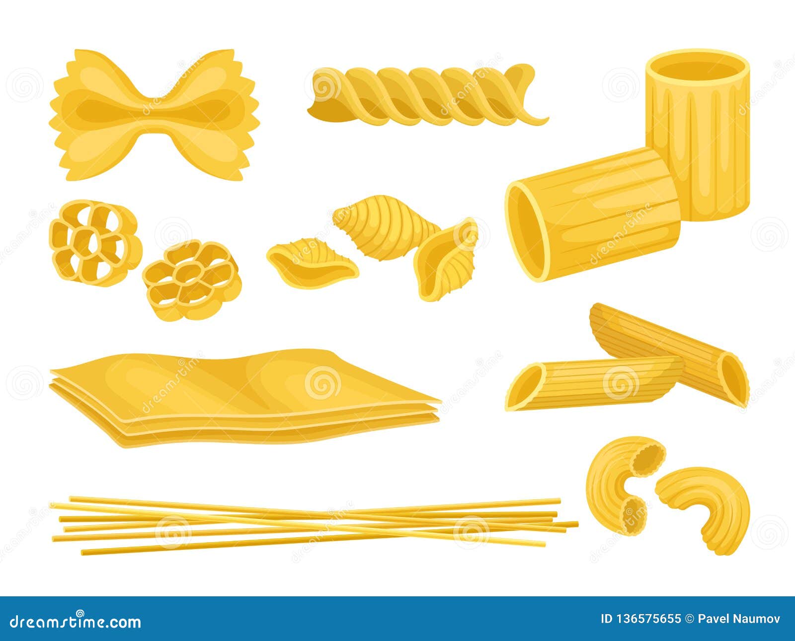 Flat Vector Set of Italian Pasta of Different Shapes. Uncooked Macaroni.  Food Product Stock Vector - Illustration of cartoon, design: 136575655