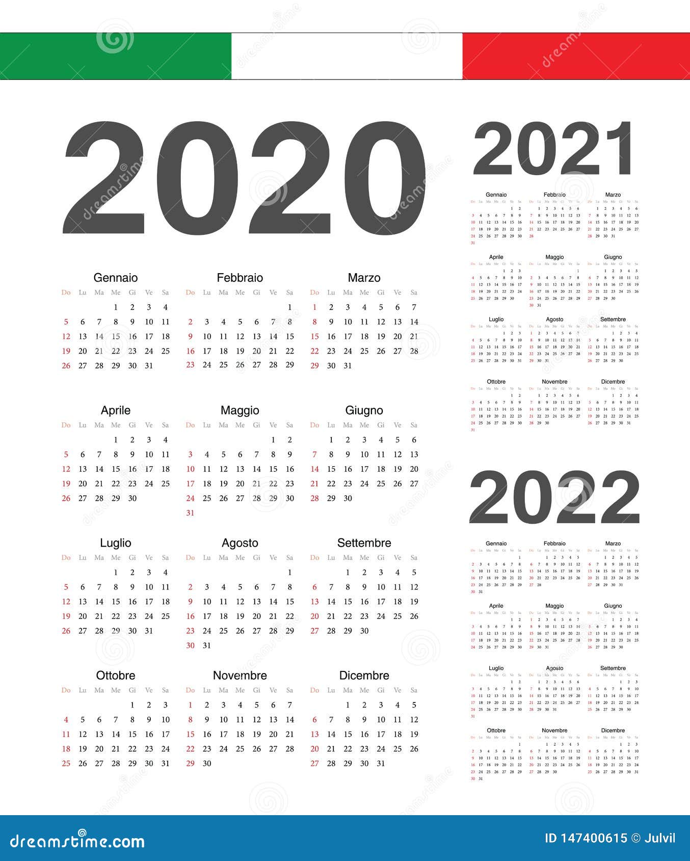 set of italian 2020, 2021, 2022 year  calendars