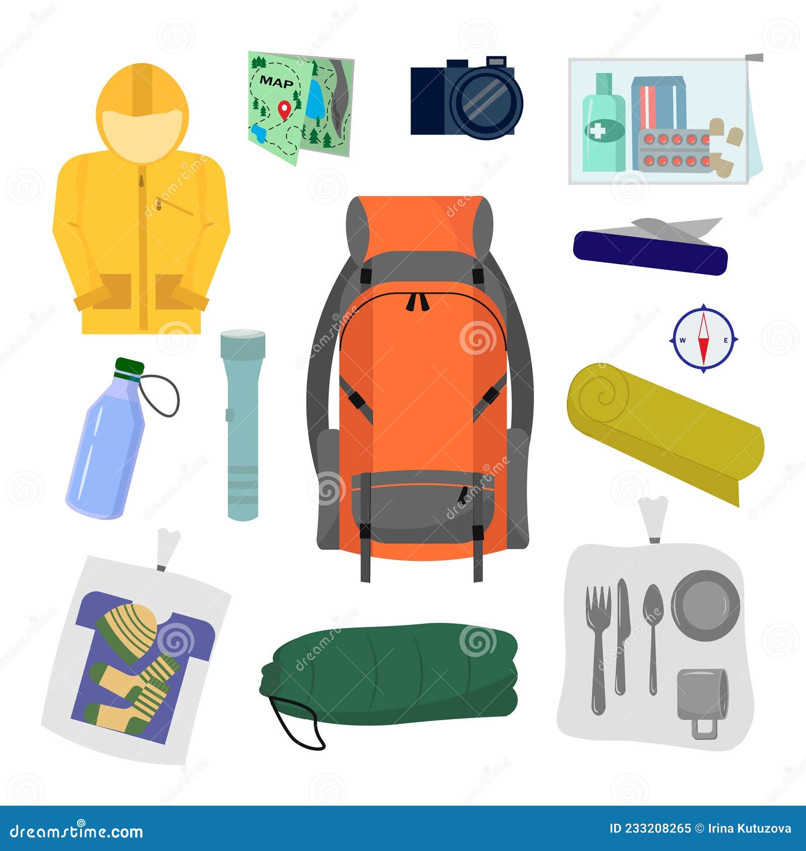 A Set of Items for Hiking. Backpack, Flashlight and Map, Spare Clothes ...