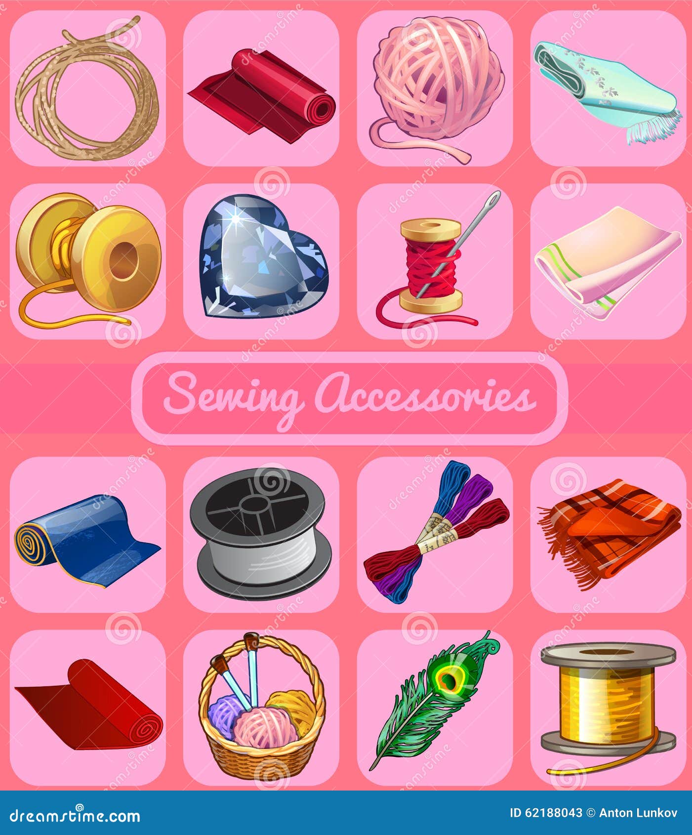 set of items for mending clothes, 16 icons