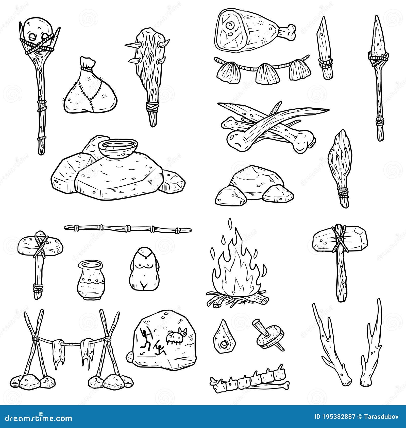 Set Of Items Of Primitive Man And Hunter. Weapons Of Caveman. Stone Age  Hammer, Ax And Club. Lifestyle And Tool. Cartoon Illustration Royalty Free  SVG, Cliparts, Vectors, and Stock Illustration. Image 200261277.
